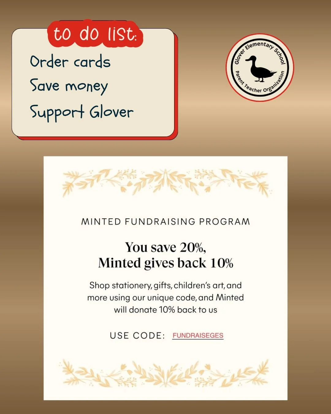 Order your cards from Minted.com with the code  FUNDRAISEGES to save 20% and earn 10% for Glover.