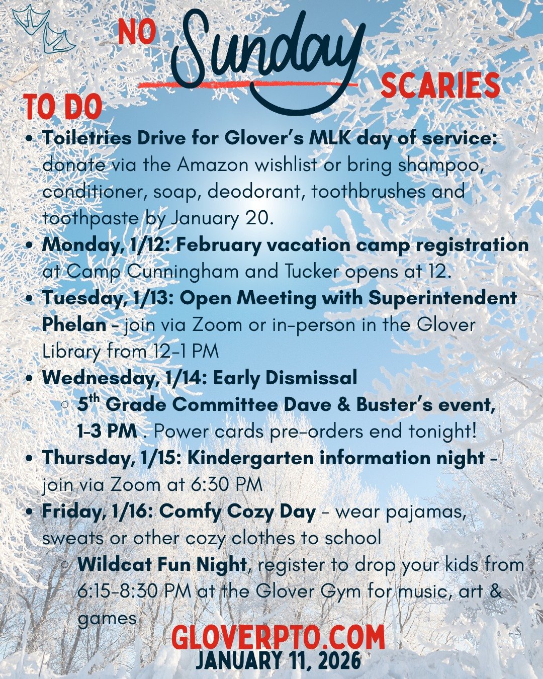 Busy week ahead, so here&rsquo;s the rundown to  start it off right. 
We hope to see many of you on Tuesday for the PTO Open Meeting with Superintendent Phelan