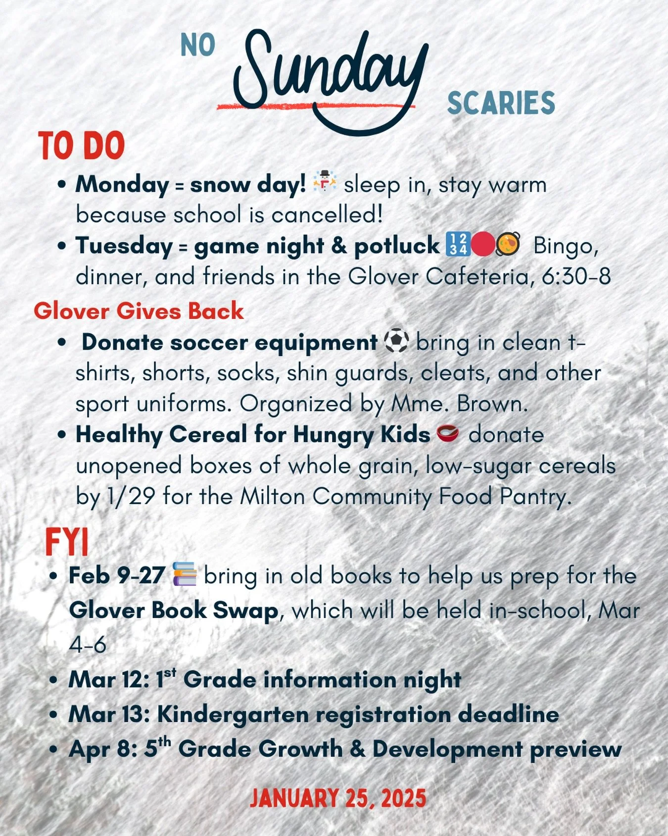 Snow day tomorrow and game night potluck on Tuesday! What a fun week!