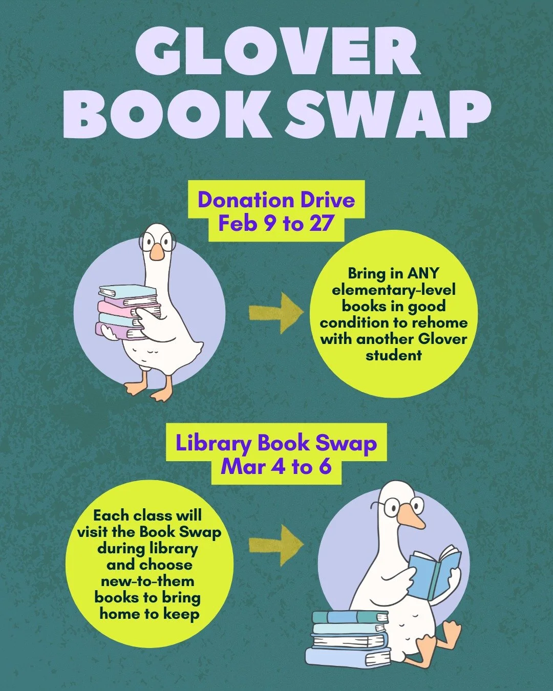 We're prepping for the Glover Book Swap. Bring in any elementary-aged books you're ready to pass on between now and February 27. Then, during the week of March 4, your child will have a chance visit during library come home with new books from the Bo
