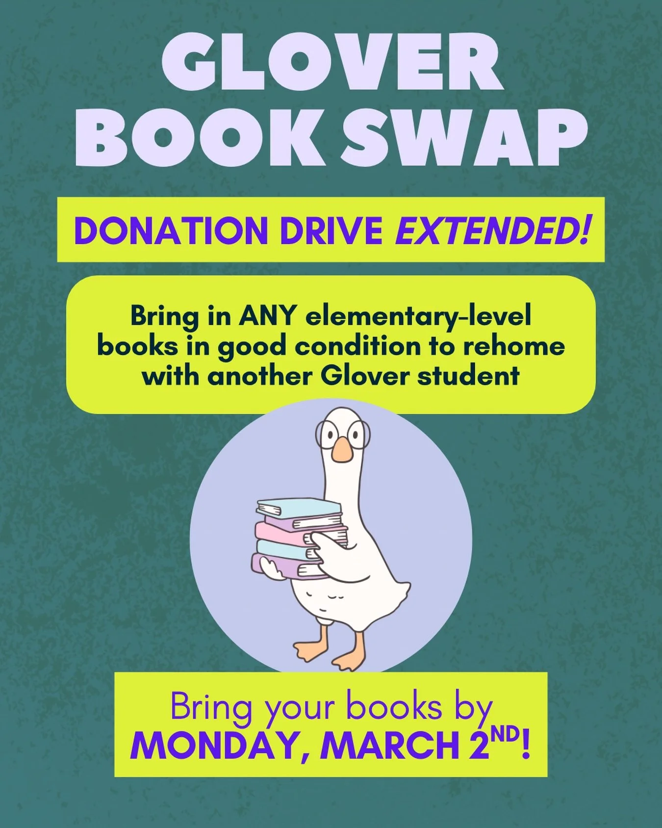 Extended due to popular demand (and delays due to a boatload of snow), we&rsquo;re accepting books through Monday, 3/2.  Bring books to school, or if any non-Glover folks want to donate, let us know and we will gratefully arrange your drop-off!