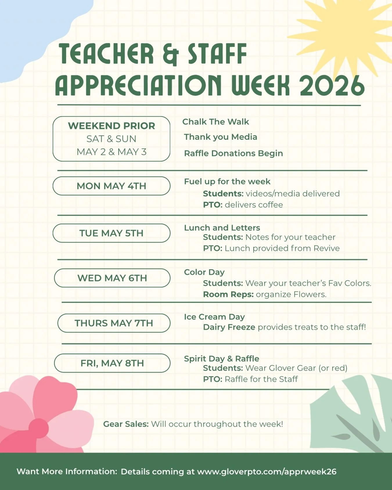Next week is Teacher Appreciation week! We&rsquo;ve got a week full of activities to show our Glover teachers and staff just how grateful we are for all they do for our kids.  More details to come from your class room reps.