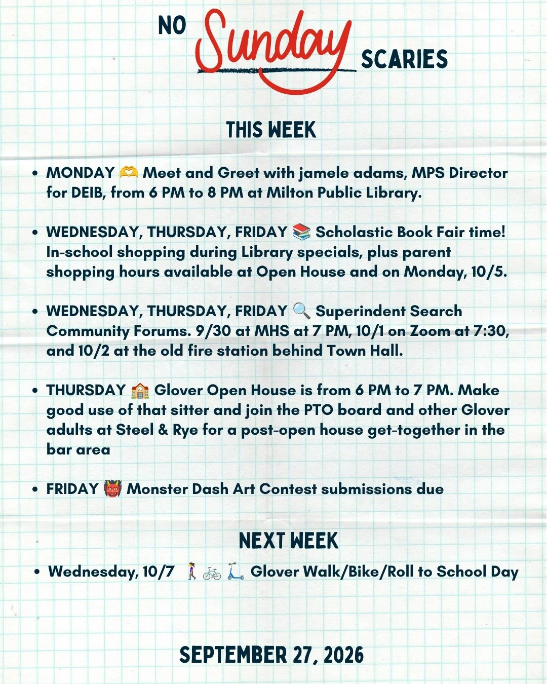 Busy week for the Milton Schools, but remember to make some time for fun... Meet up with other Glover grown-ups at Steel &amp; Rye after Open House!