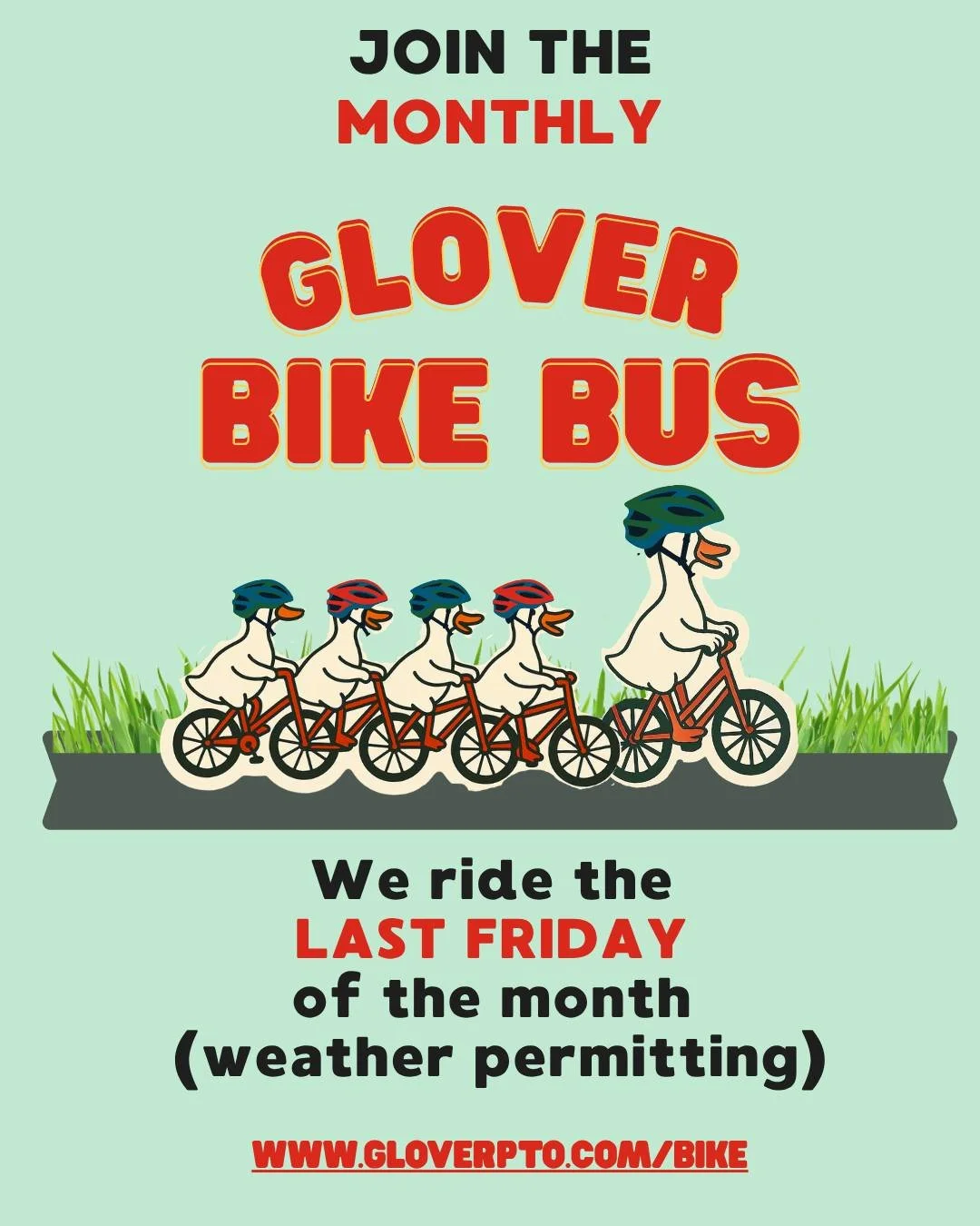 Join the first of our MONTHLY bike bus groups on Friday. Each month, Glover grown-up volunteers meet kids at "Bike Bus Stops" along their route and chaperone them to school. Find your closest stop, grab your helmet, and ride with us!