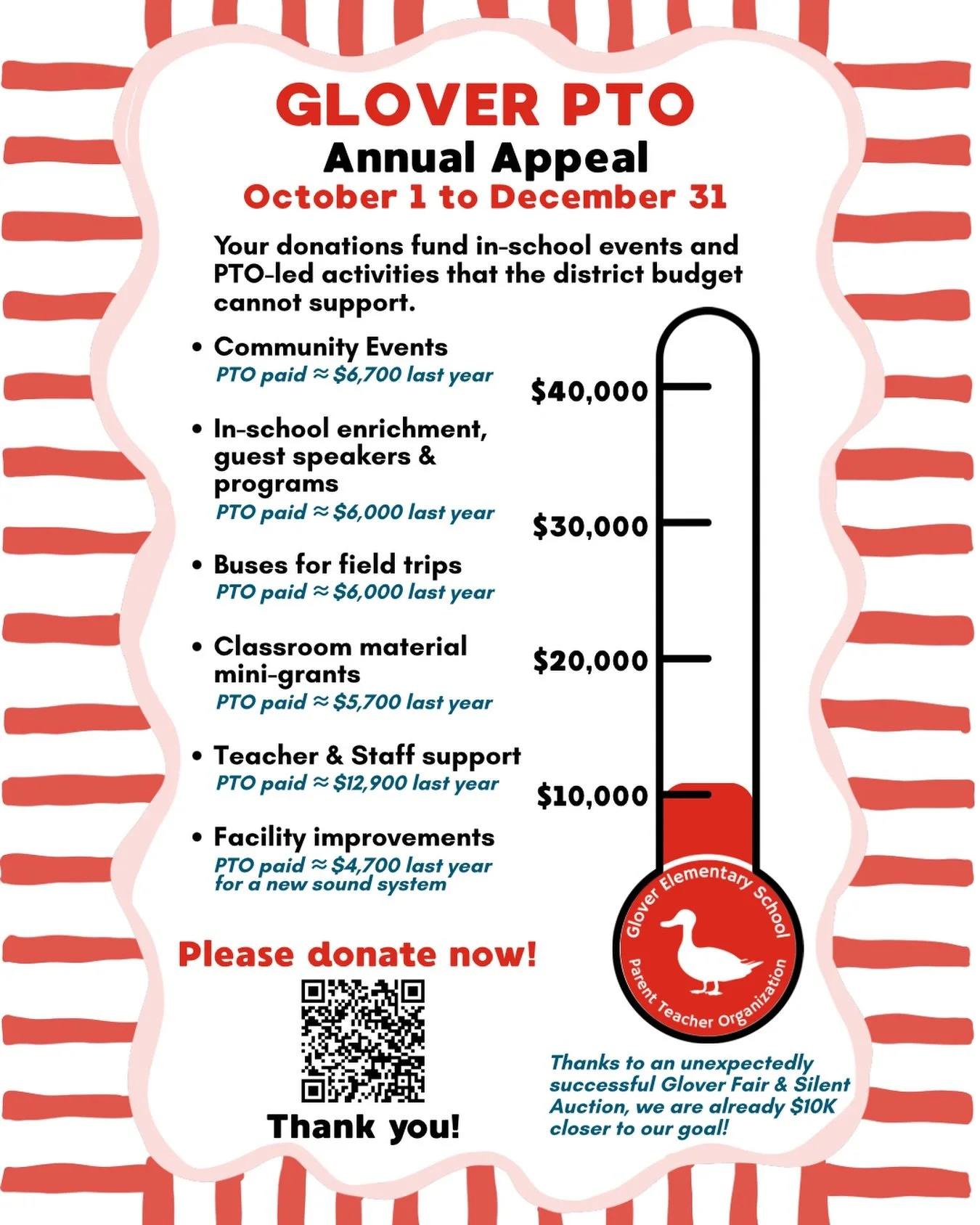Our Annual Appeal is here and we need you. The Glover PTO funds programs that enrich learning, support our teachers and staff, and strengthen our school community. Meeting this $40,000 goal will allow us to fund programs such as in-school presentatio