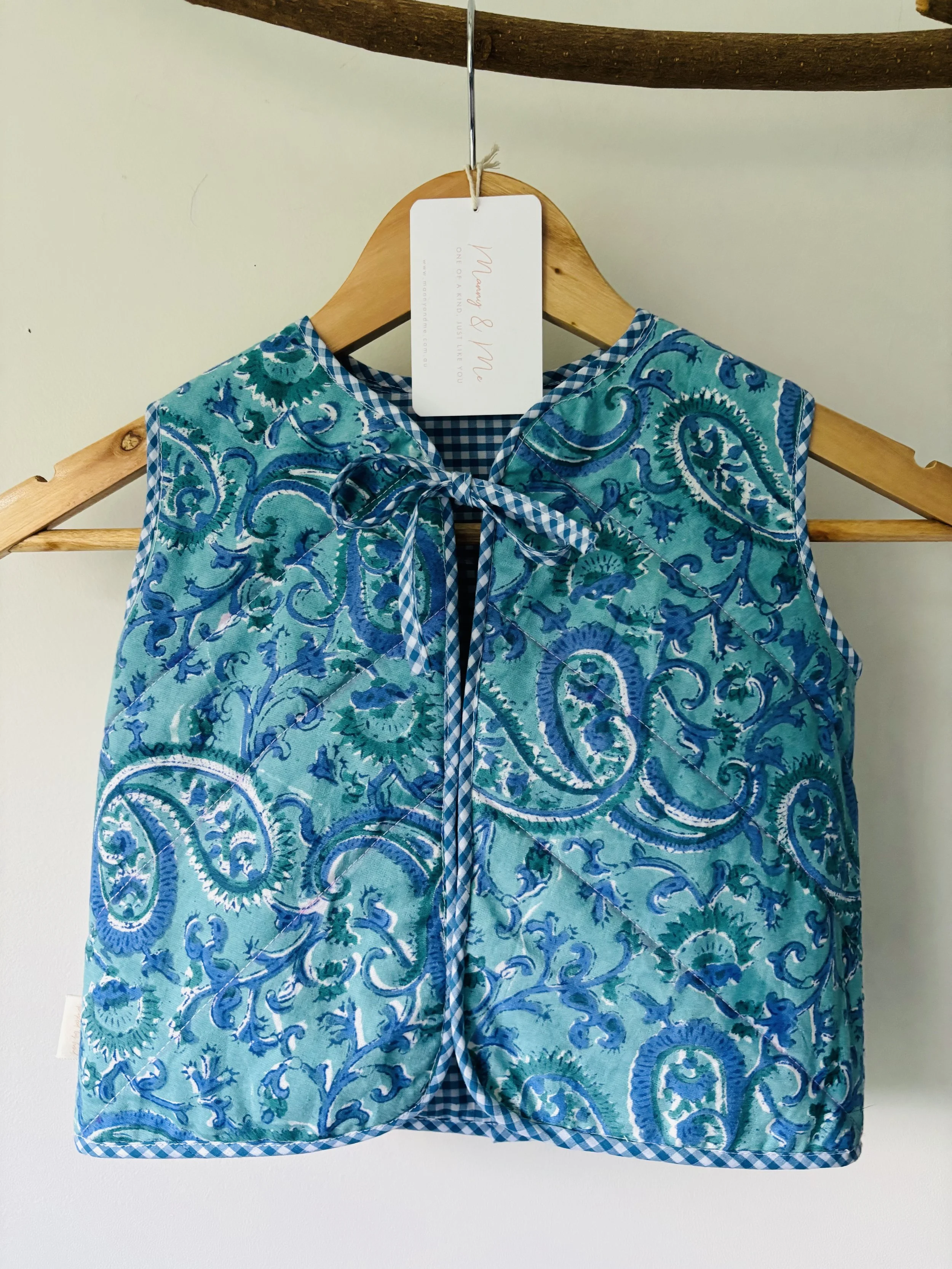 Kids Upcycled Reversible Quilted Vest | Blue Floral & Check - 2-3 years