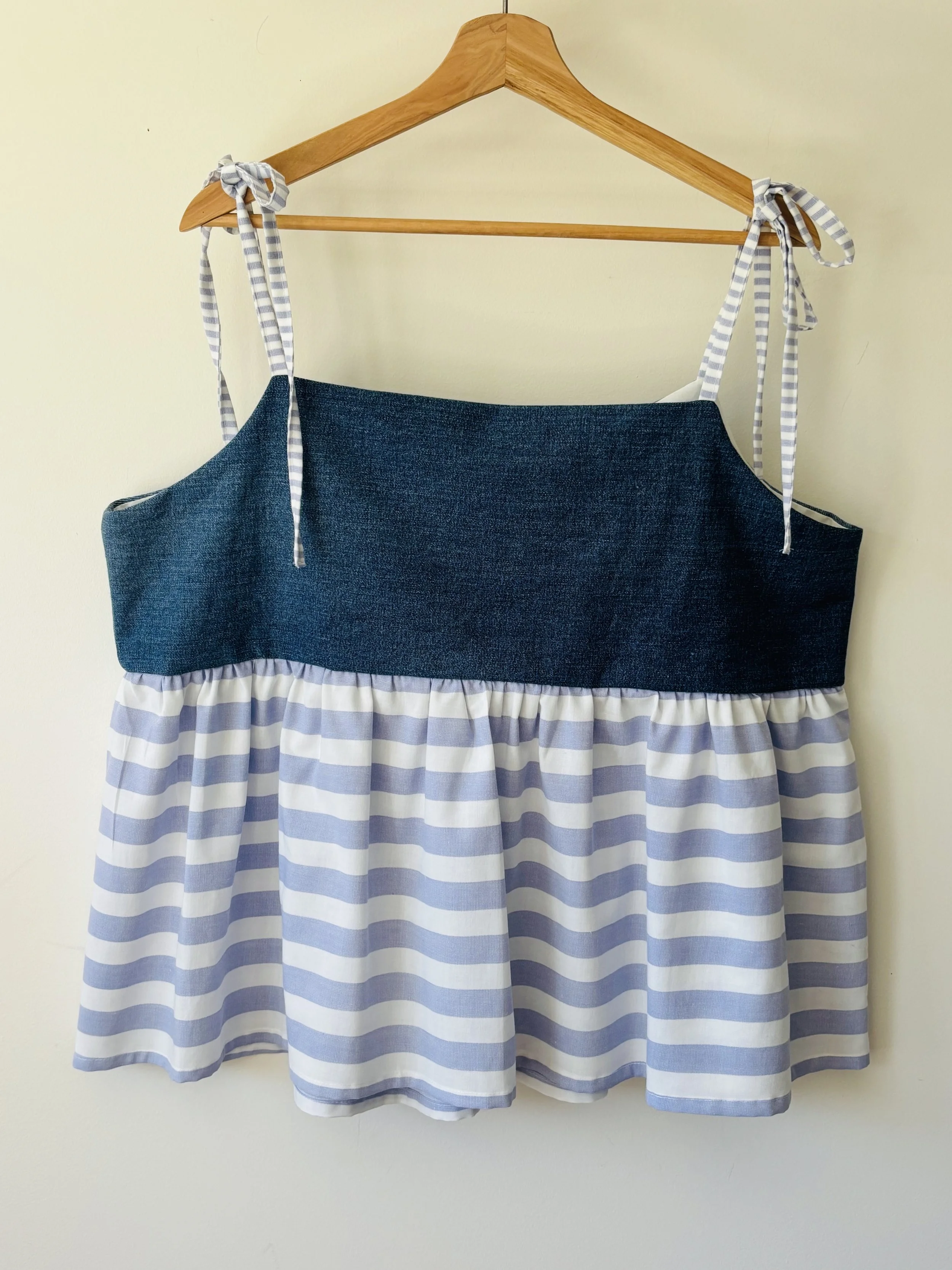 Upcycled Babydoll Top | Denim & Blue Stripe Size 18-20