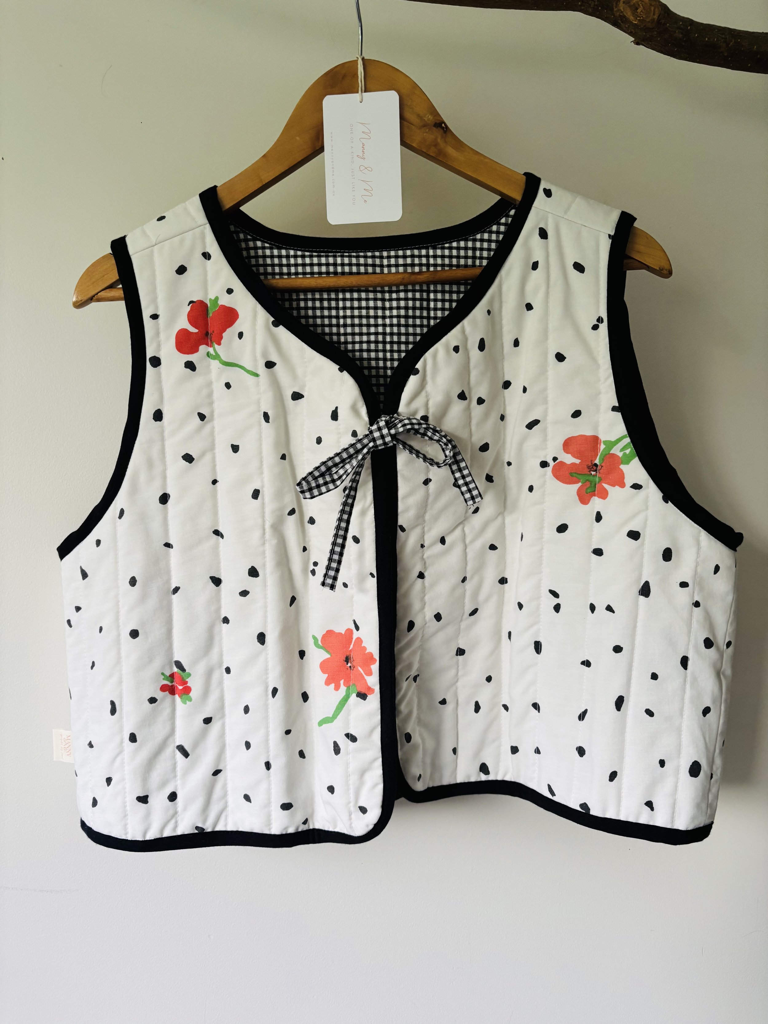 Upcycled Reversible Quilted Vest | Black & White Spotty Gingham - Size 12