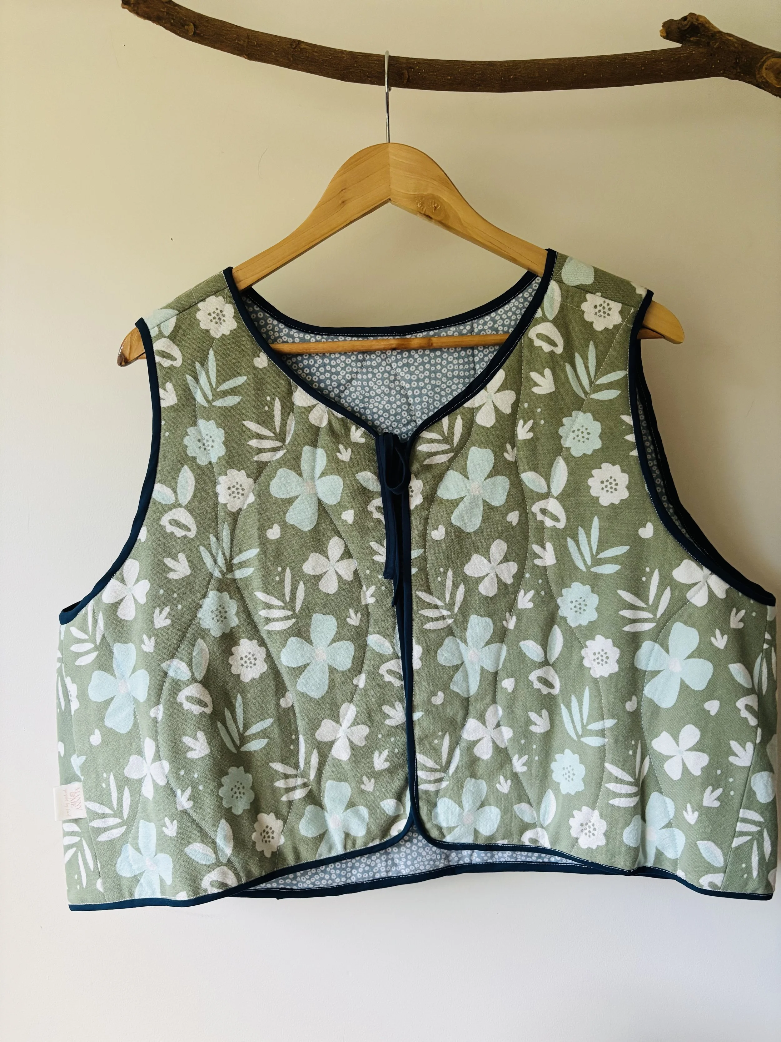 Upcycled Reversible Quilted Vest | Green Floral & Blue Flannelette - size 16