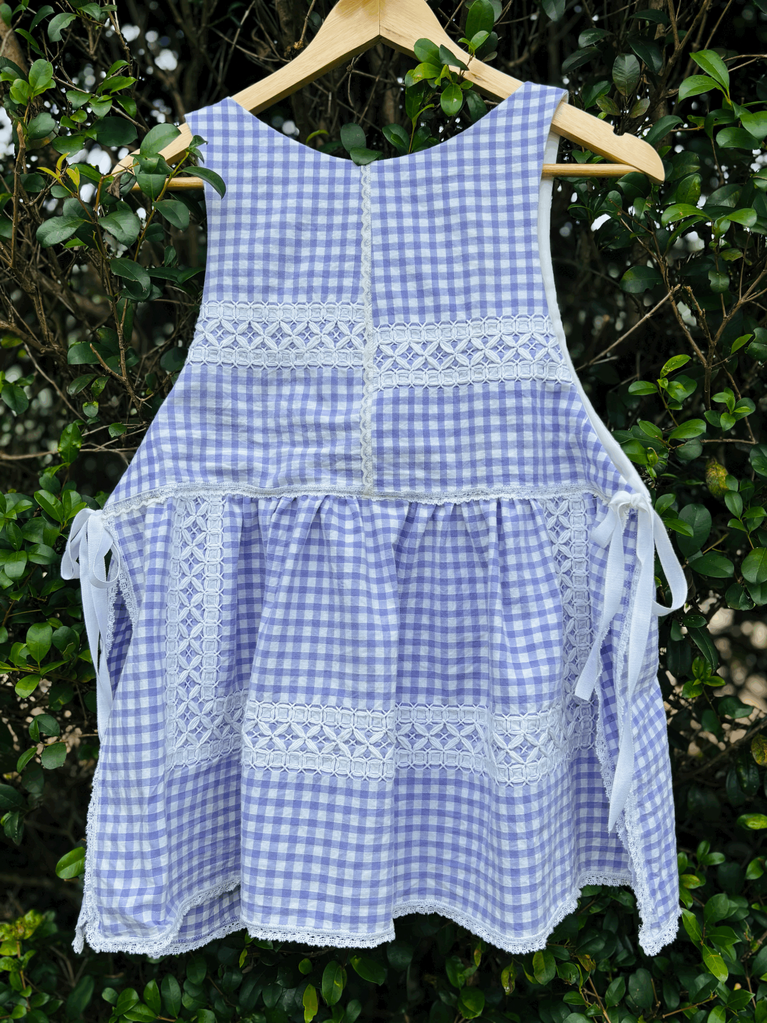 Upcycled Apron Top | Lavender Gingham with Embroidery