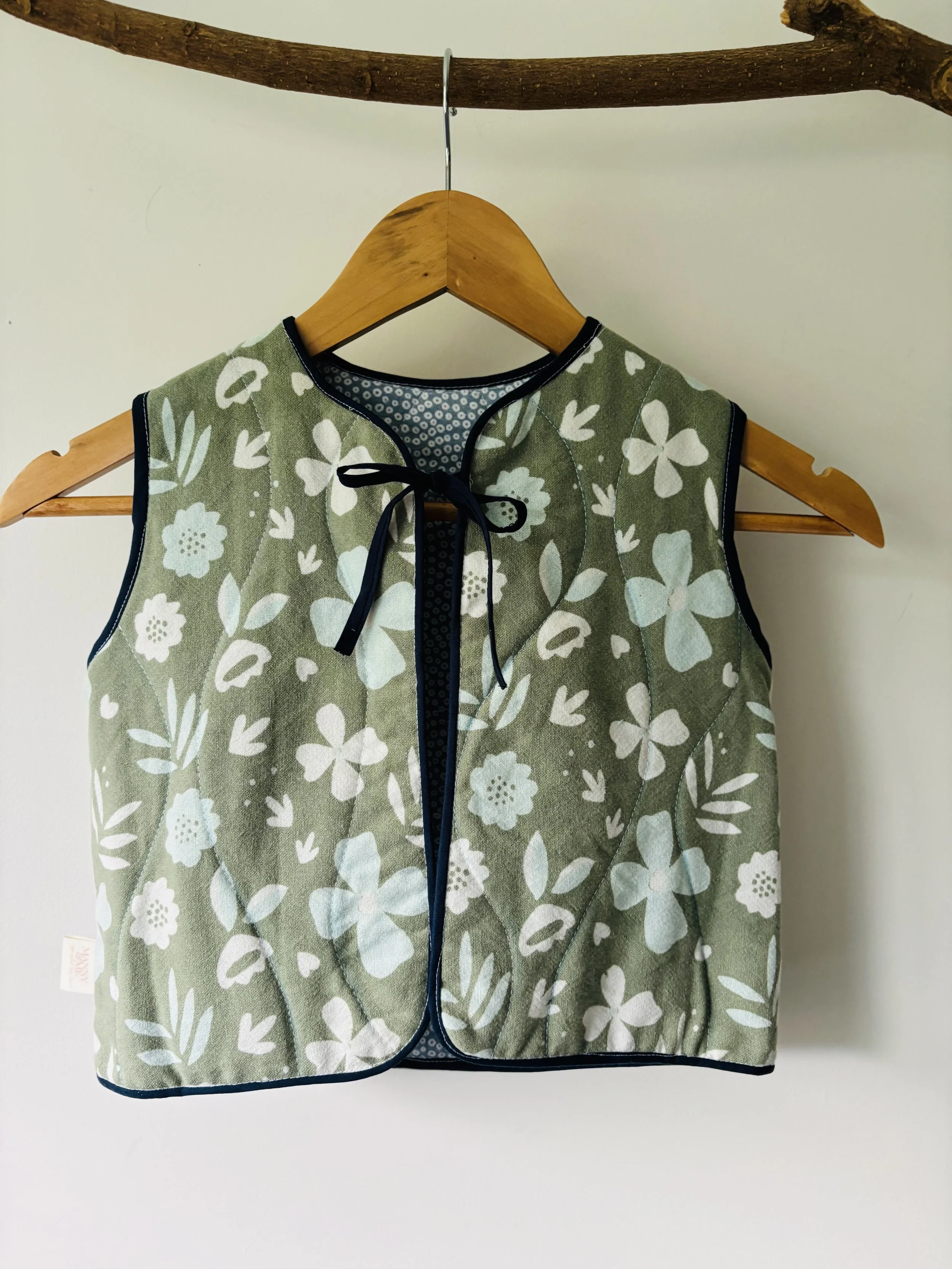 Kids Upcycled Reversible Quilted Vest | Large Check and Green Floral - 4-5 YRS