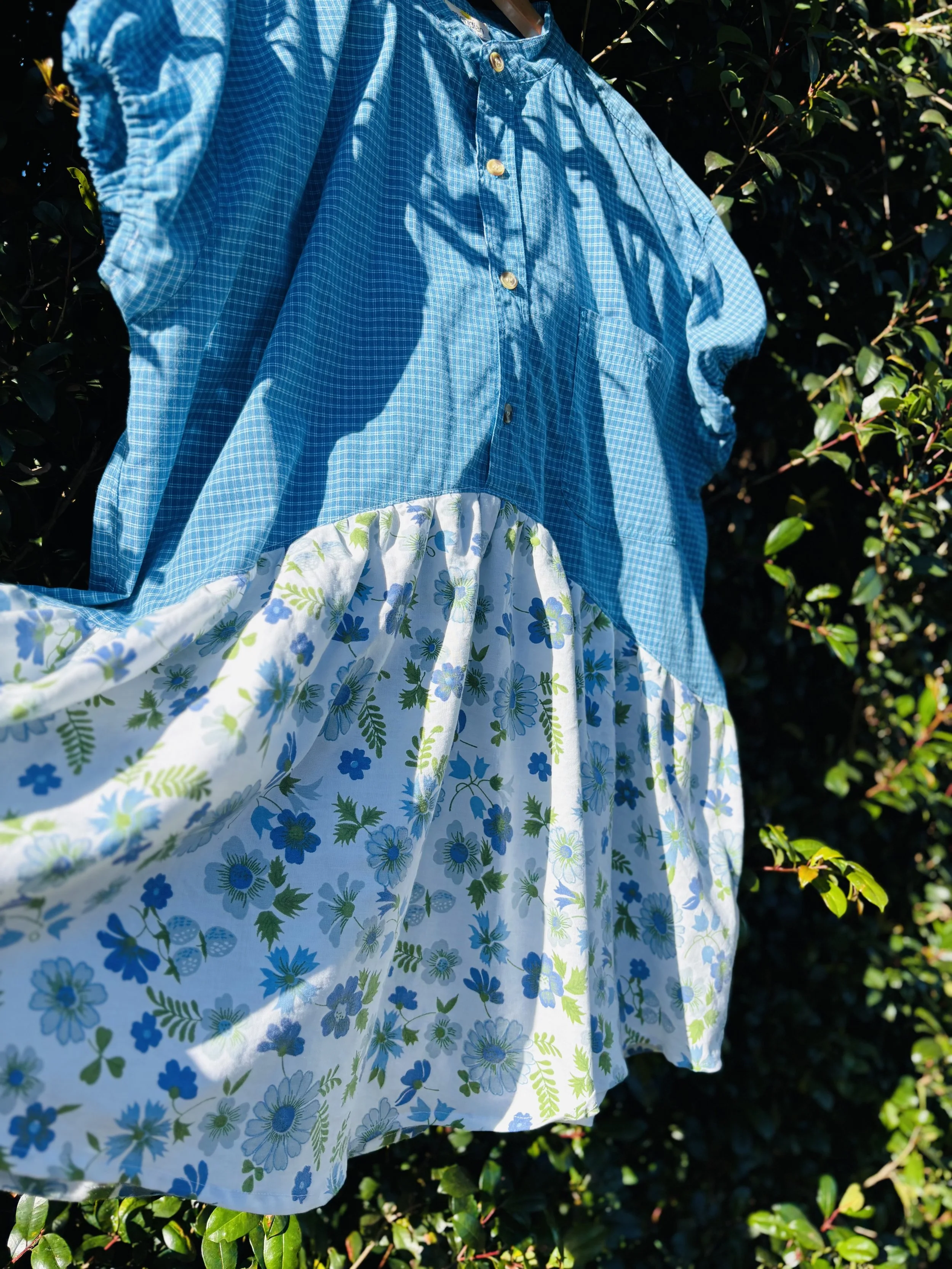 Upcycled Shirt Dress | Mixed Blue Check & Floral (Mini)
