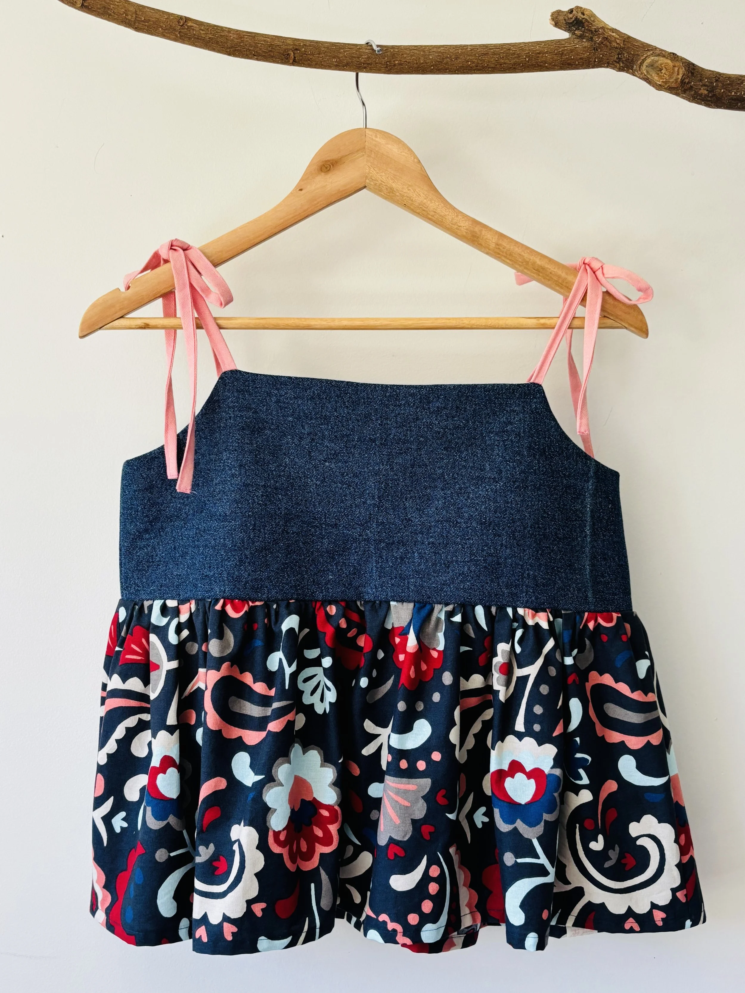 Upcycled Babydoll Top | Denim & Abstract Floral Size 6-8