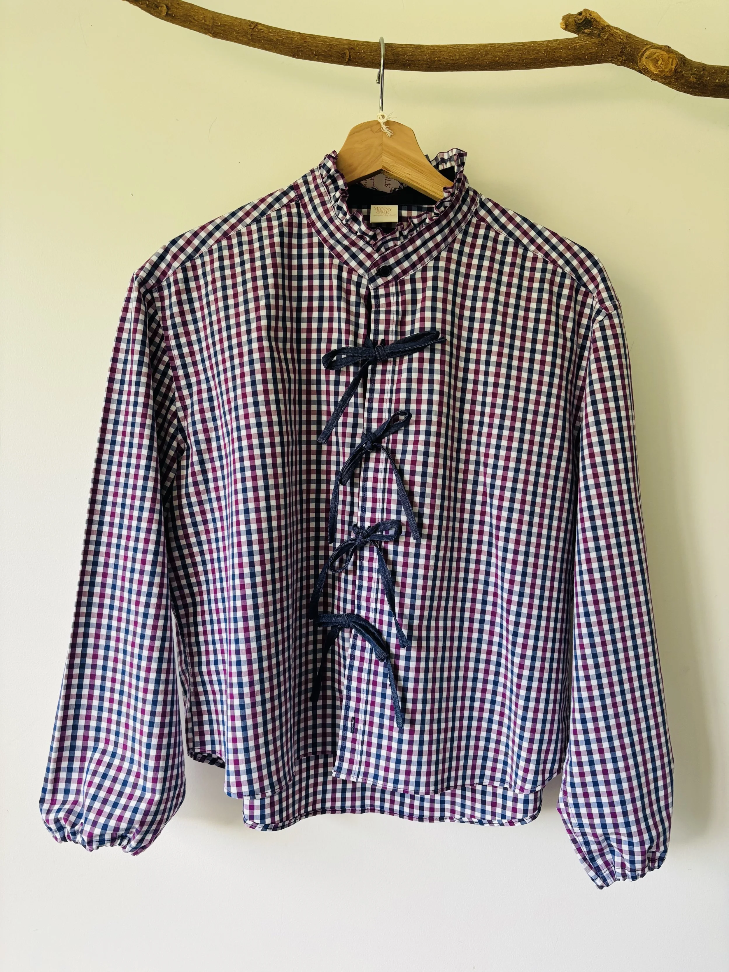 Upcycled Button Up | Blue & Plum Check Button Up with Frill Collar & Ties