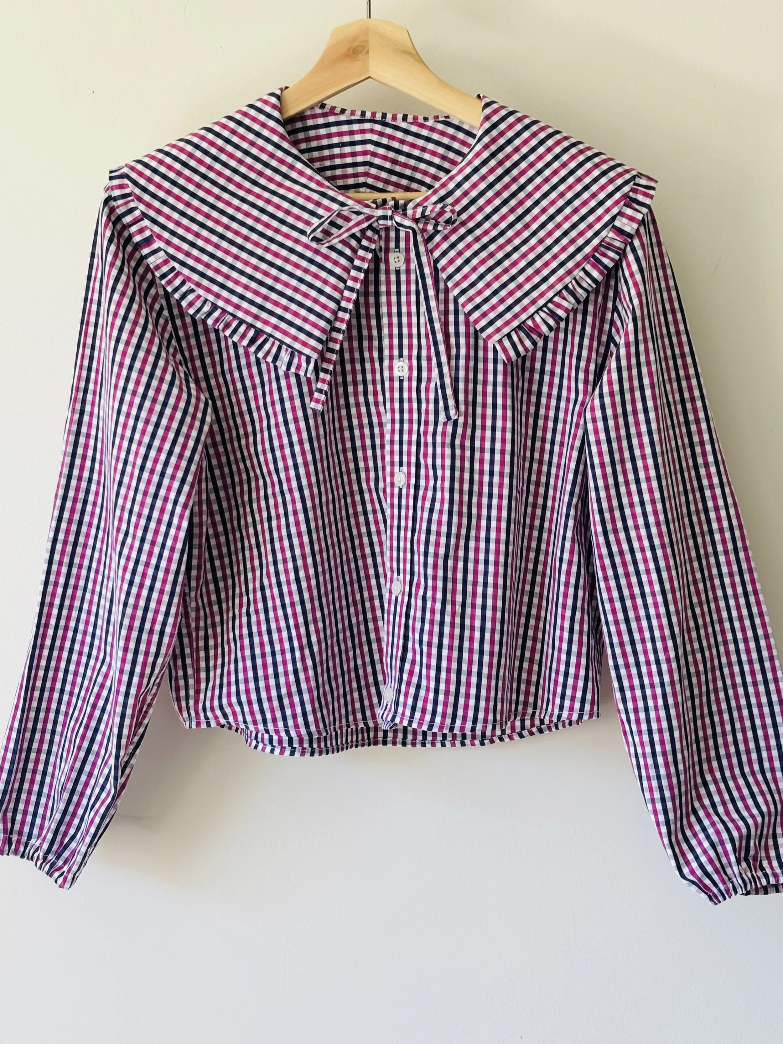 Upcycled Button Up | Blue & Burgundy Button Up with Frill Collar