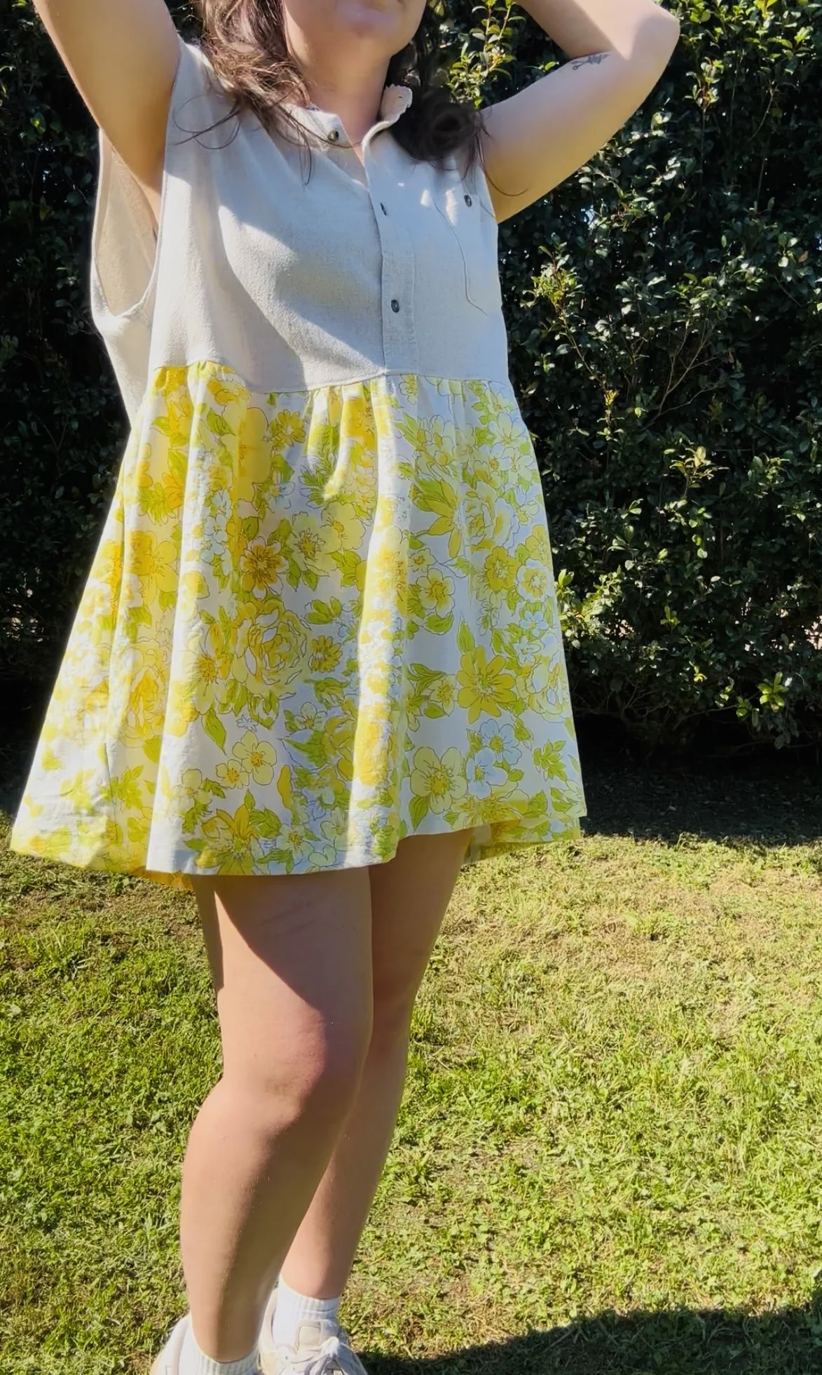 Upcycled Shirt Dress | Oatmeal Linen & Yellow Floral