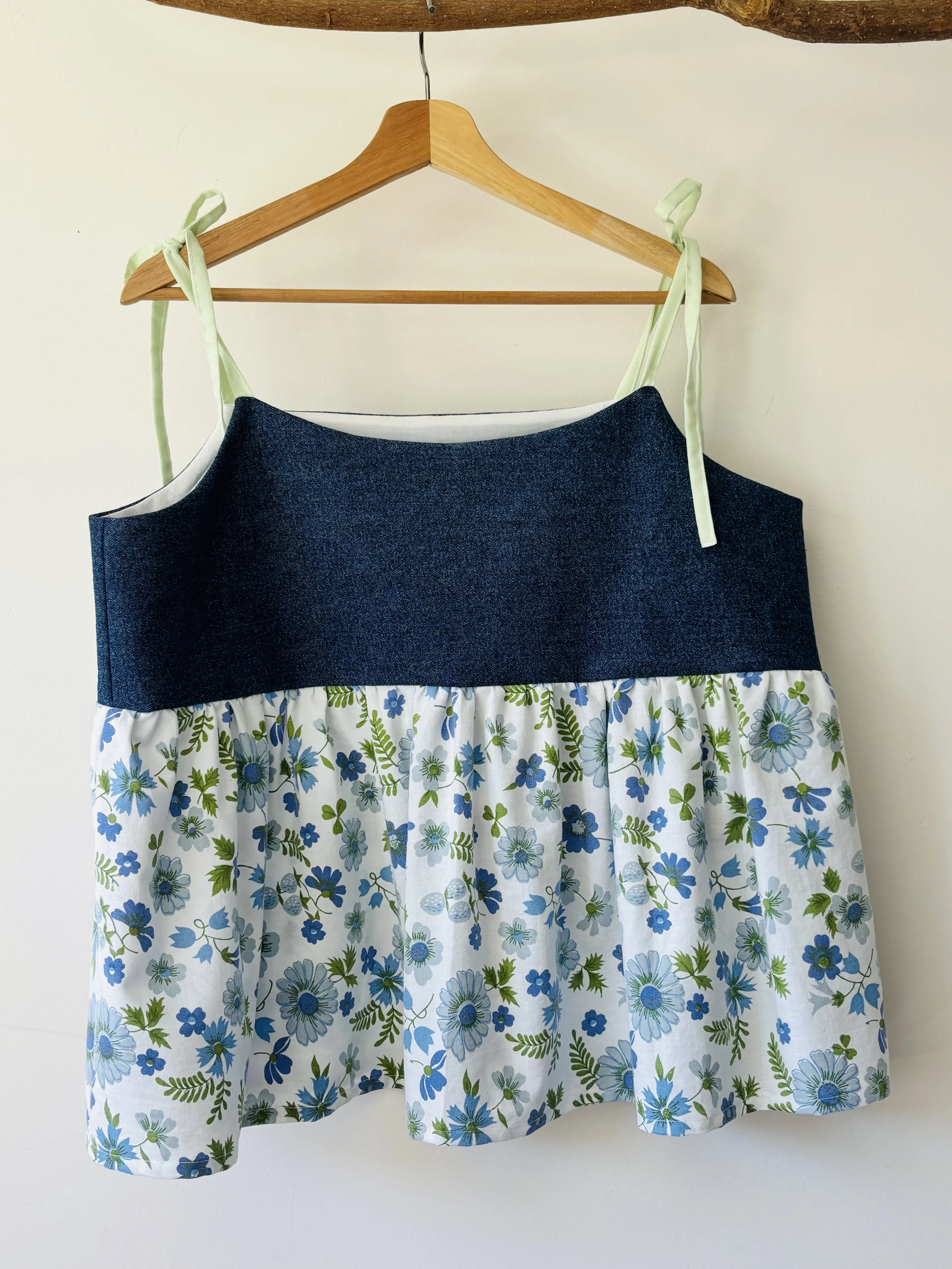 Upcycled Babydoll Top | Denim & Blue Floral Size 16
