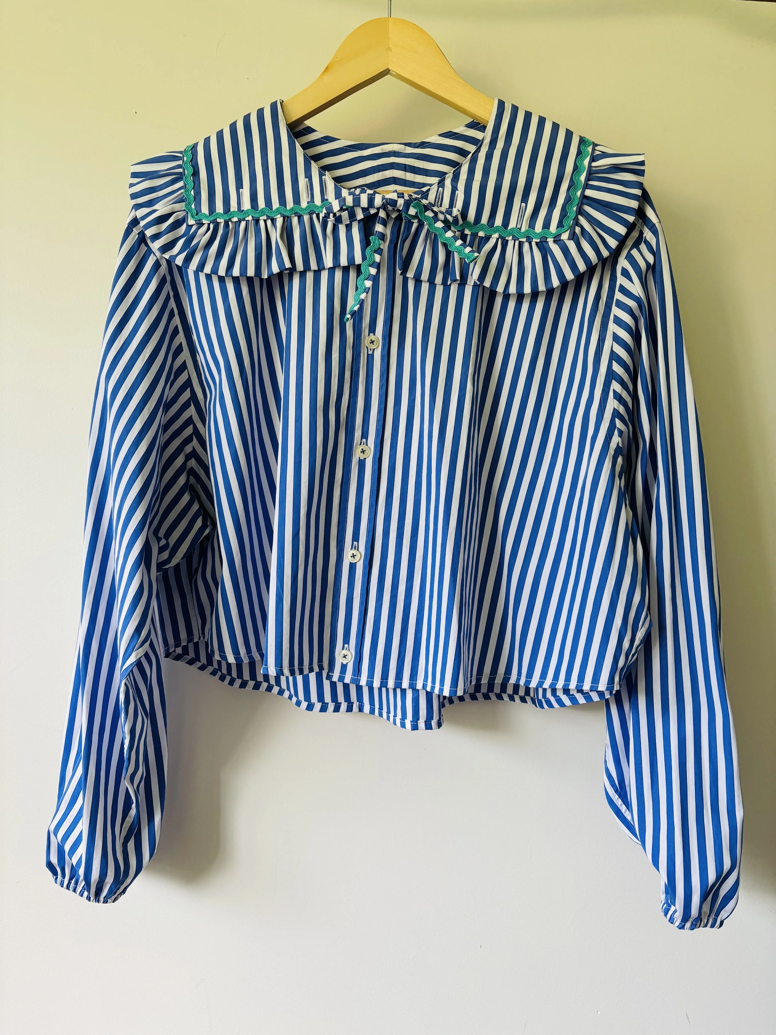 Upcycled Button Up | Blue Stripe with Frill Colour