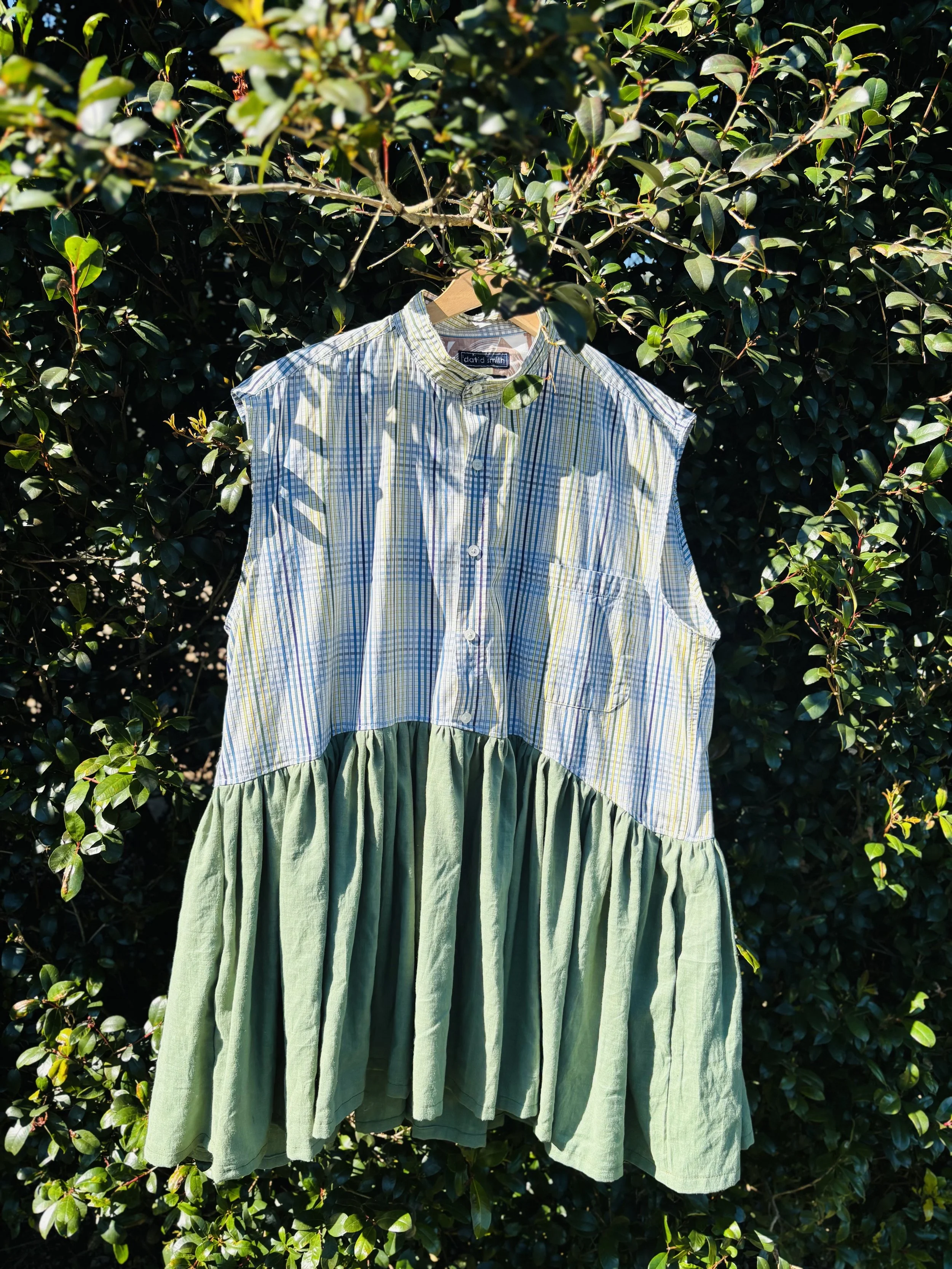 Upcycled Shirt Dress | Multi Colour Crosshatch & Green