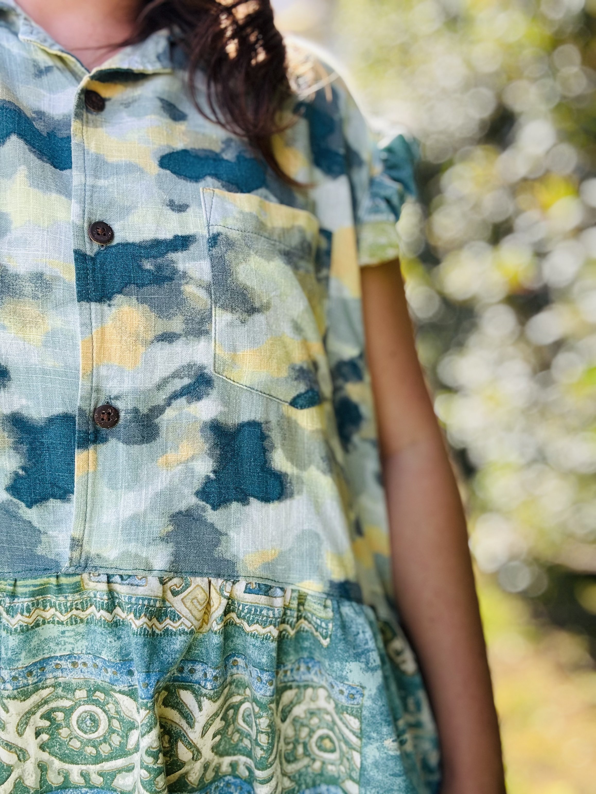 Upcycled Shirt Dress | Green Mix Print
