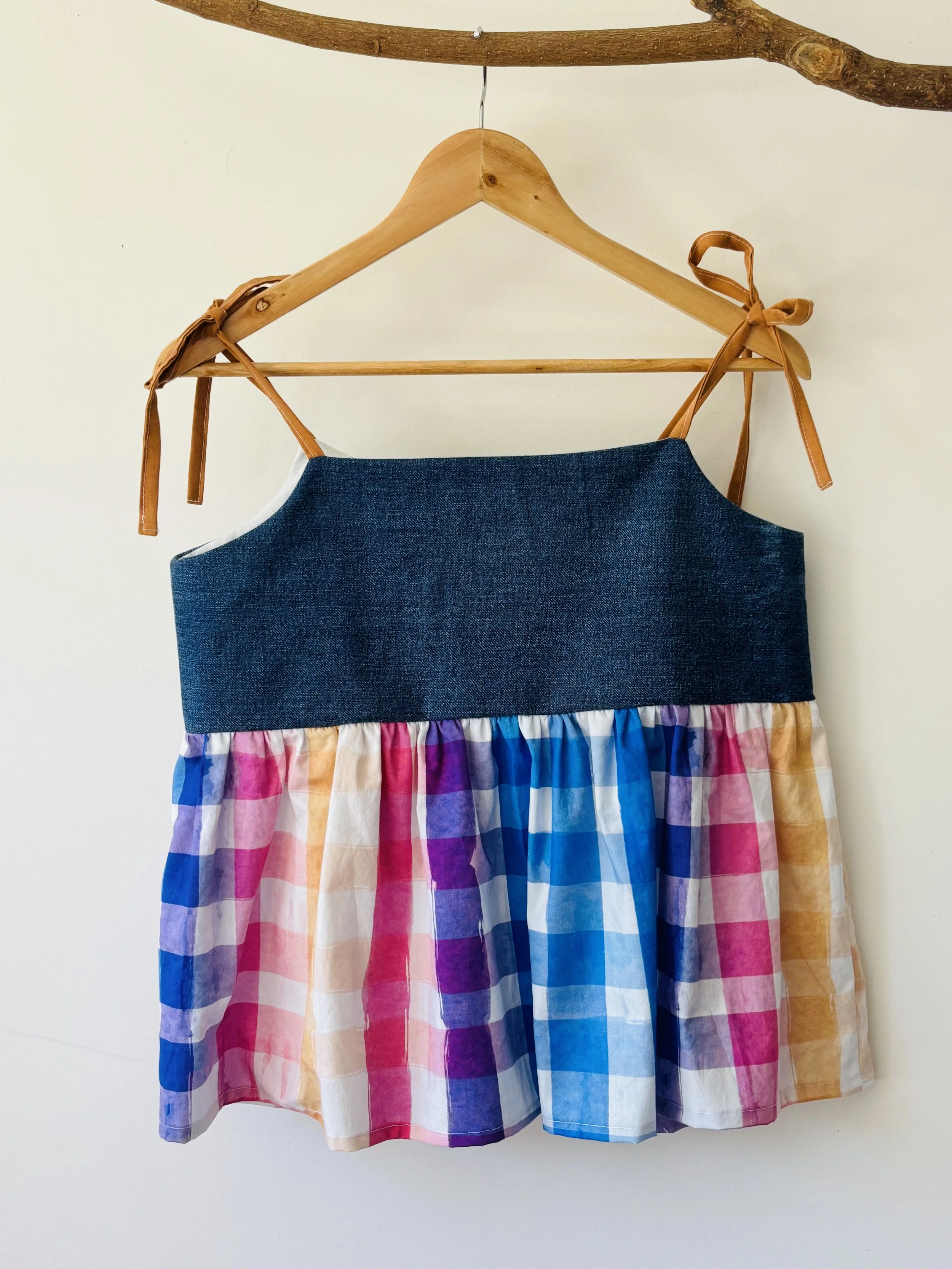 Upcycled Babydoll Top | Denim & Rainbow Check Size 10