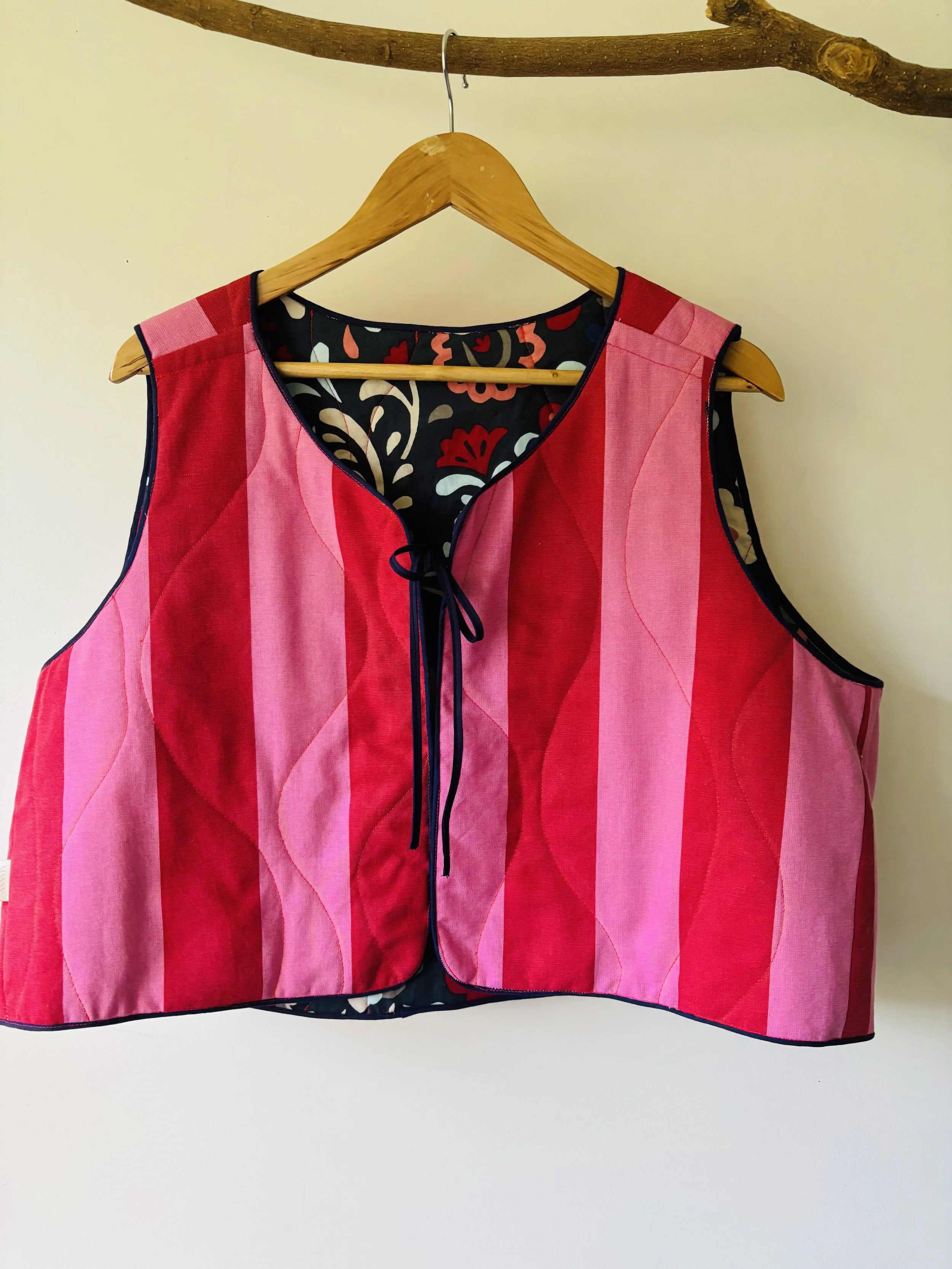 Upcycled Reversible Quilted Vest | Red & Pink Stripe - size 20