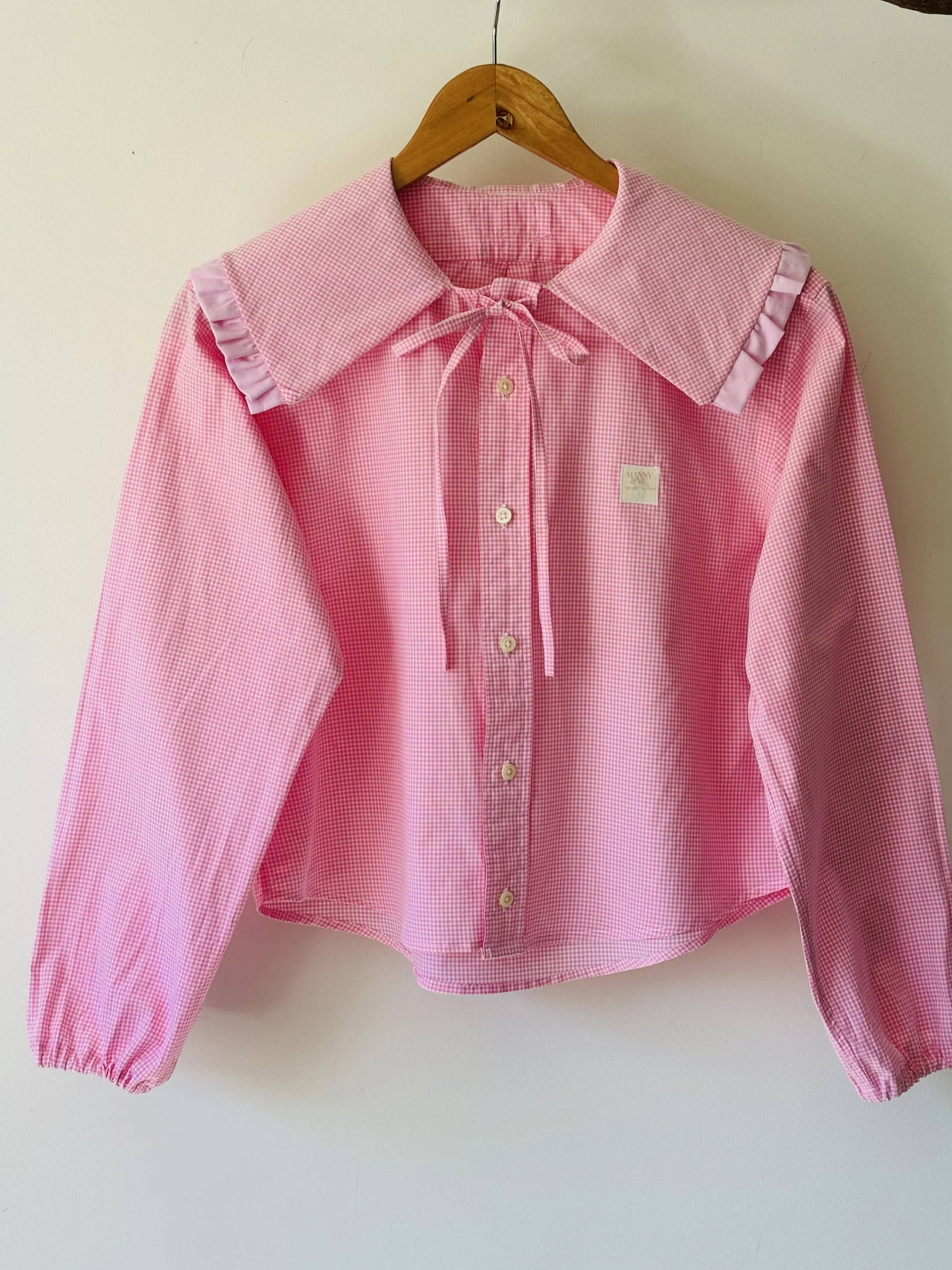 Upcycled Button Up | Pink Button Up with Bow & Frill