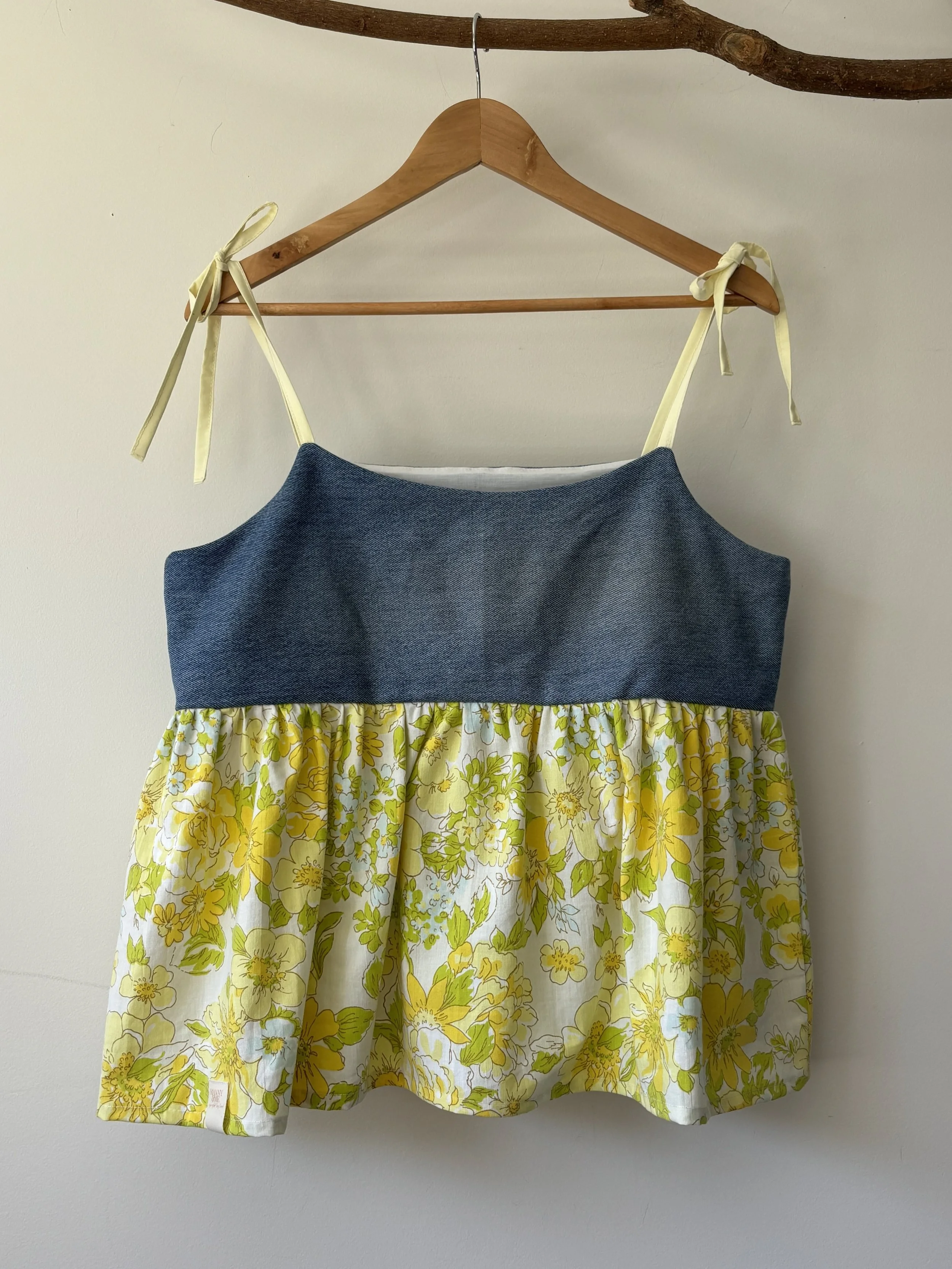Upcycled Babydoll Top | Denim & Yellow Floral Size 12