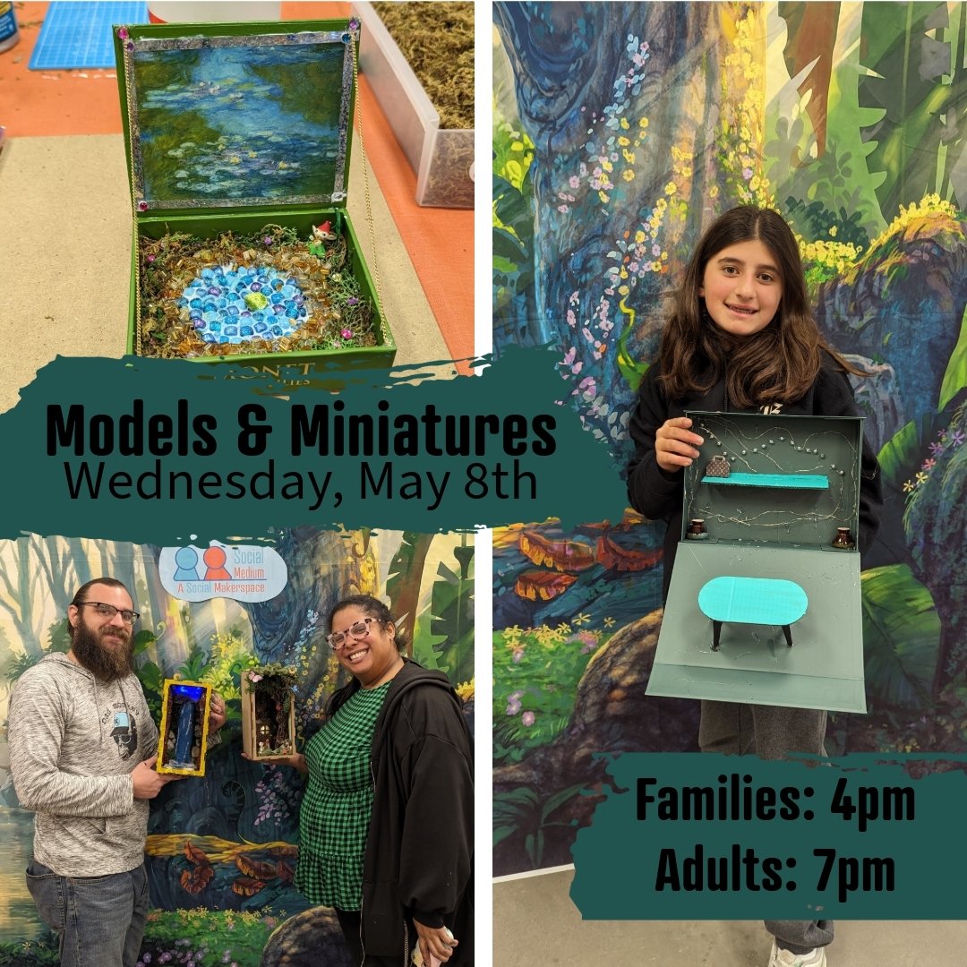 Create your own miniature worlds in our Model Making and Diorama Class. Use our library of tools and materials to make your own dioramas from scratch or purchase one of our Book Nook or Hologram kits.

#makerspace #socialmedium #crafts #artsandcrafts
