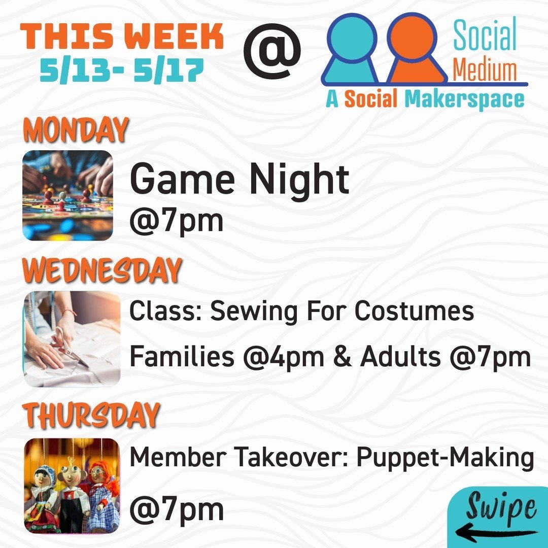 This week at Social Medium! 

#makerspace #makersgonnamake #makerspaceLA #makerssupportingmakers #puppetmaking #puppetnation #gamenight #gamenightLA #socialmediumspace #nerd #nerdculture #geek #tardis