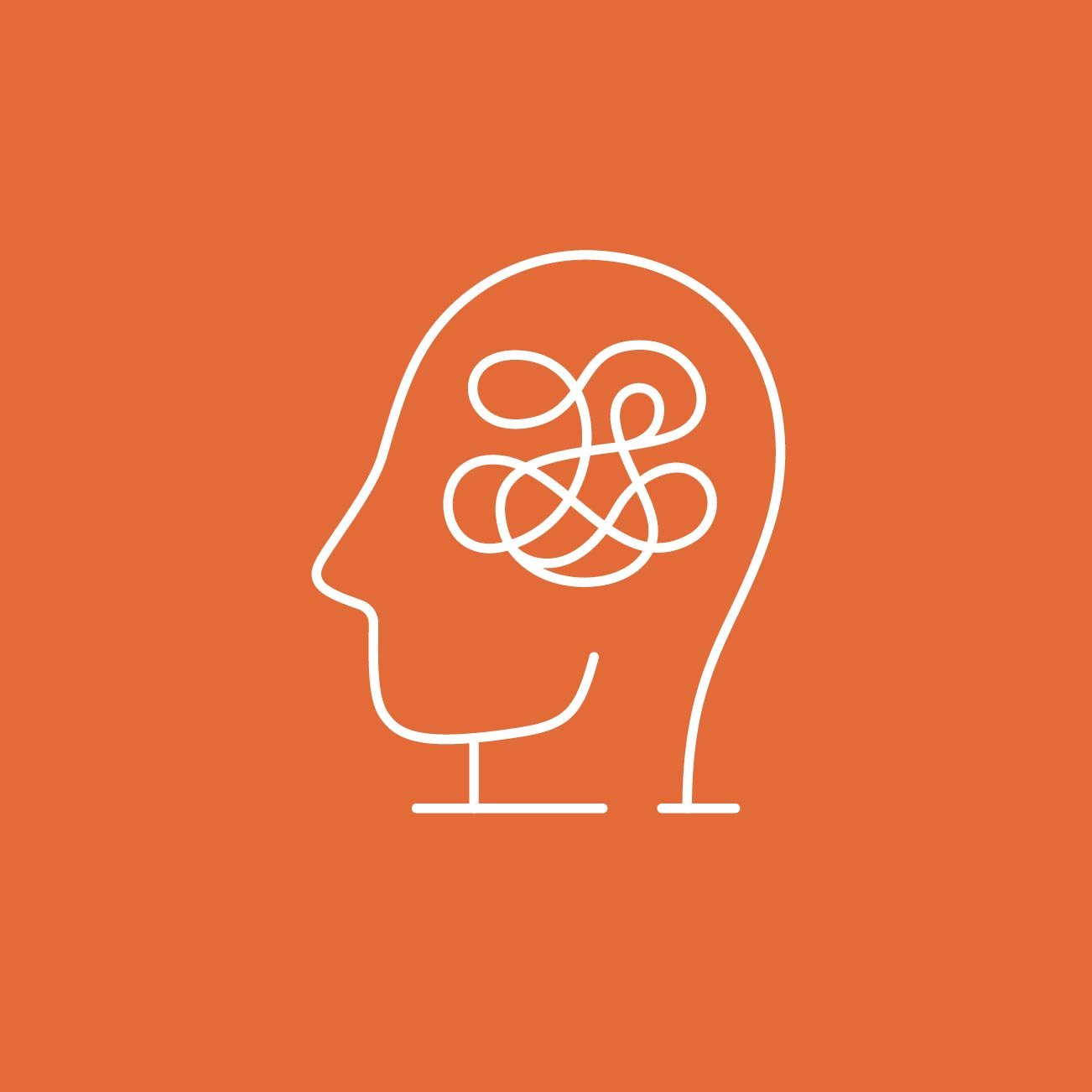 Neon sign of a human head outline with a tangled line inside representing a confused or complex thought process, on a black background.