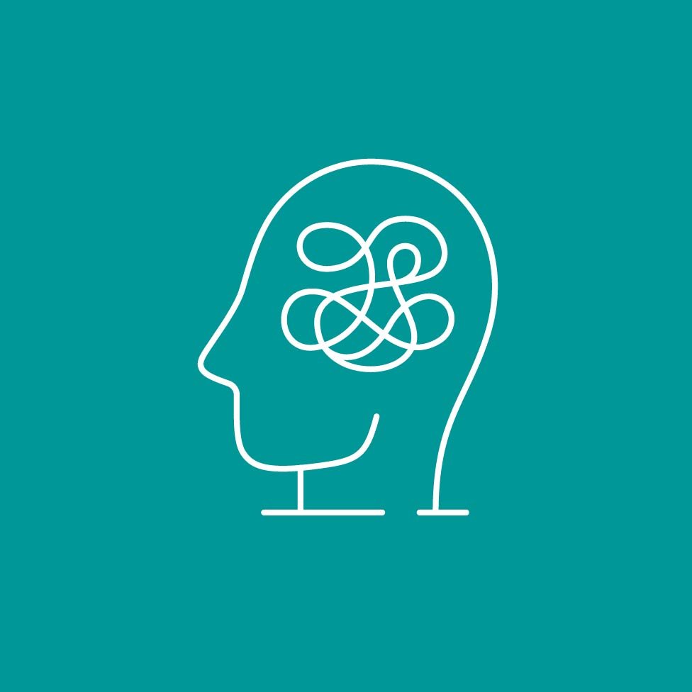 Neon sign of a human head outline with a tangled line inside representing a confused or complex thought process, on a black background.