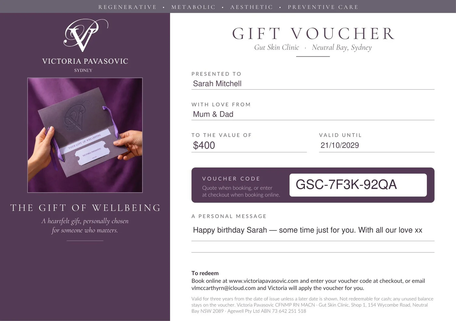 Gut Skin Clinic gift voucher — example of the personalised A5 voucher