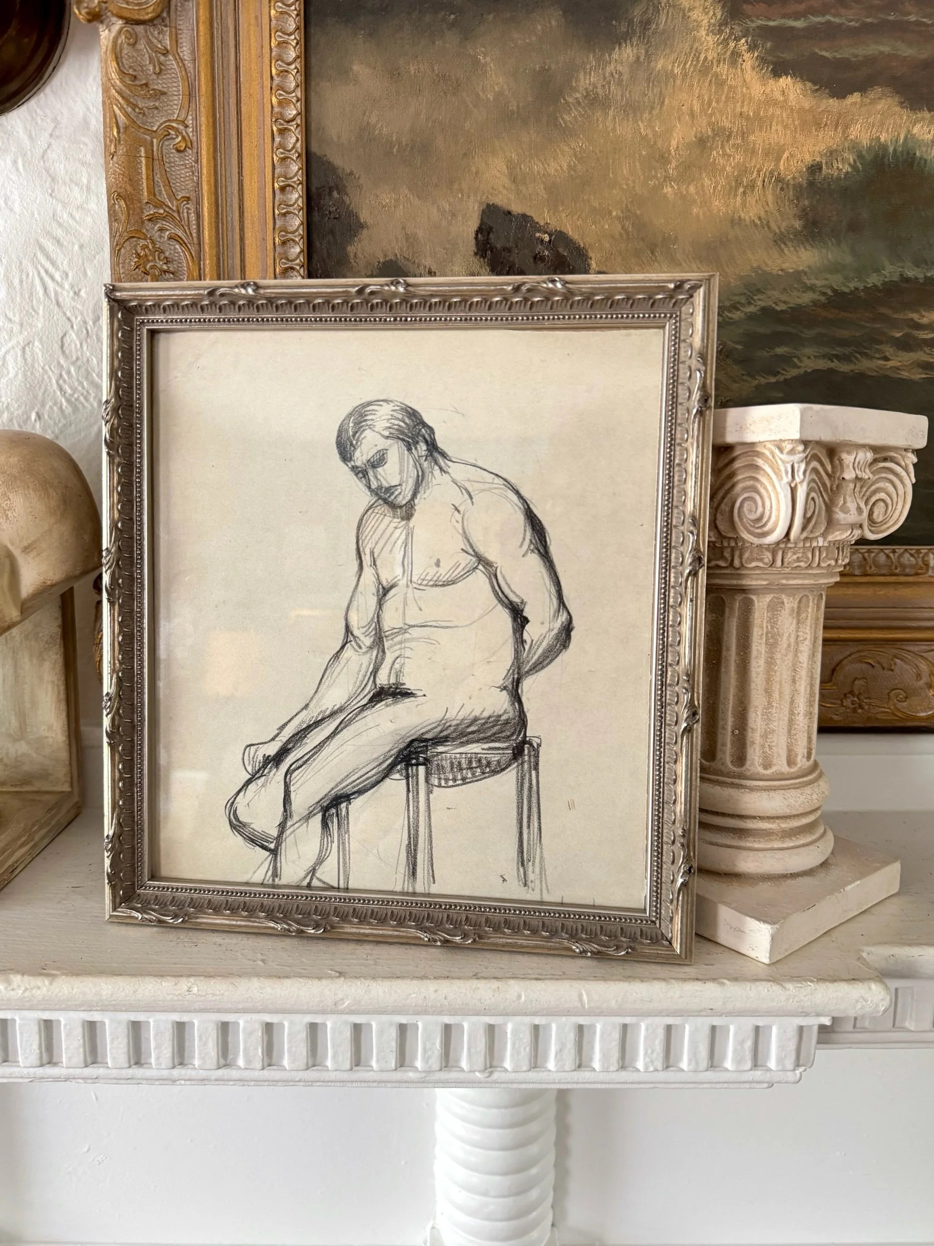 vintage male nude study charcoal sketch