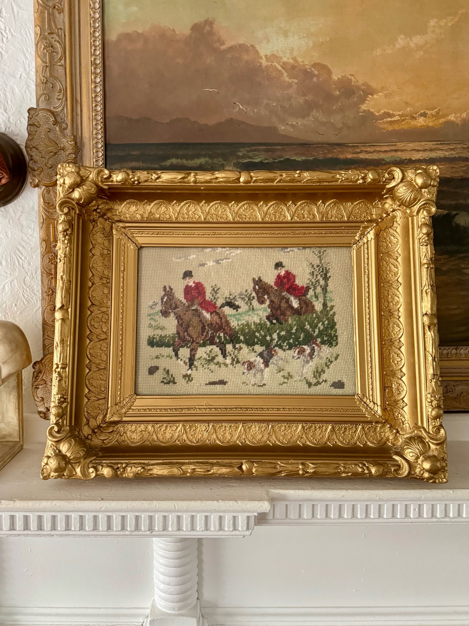 vintage equestrian needlepoint in antique frame