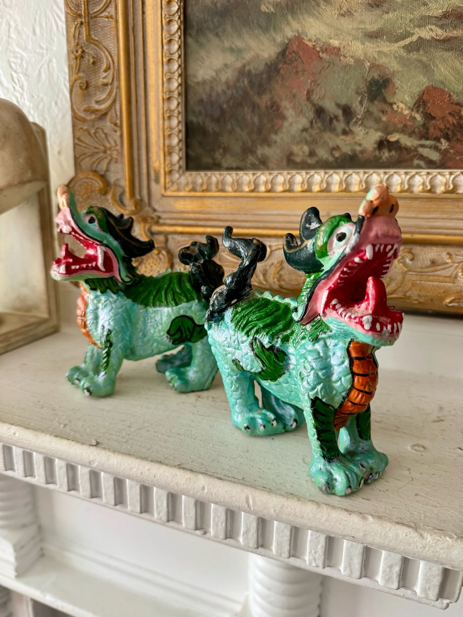 vintage colorful painted iron foo dogs