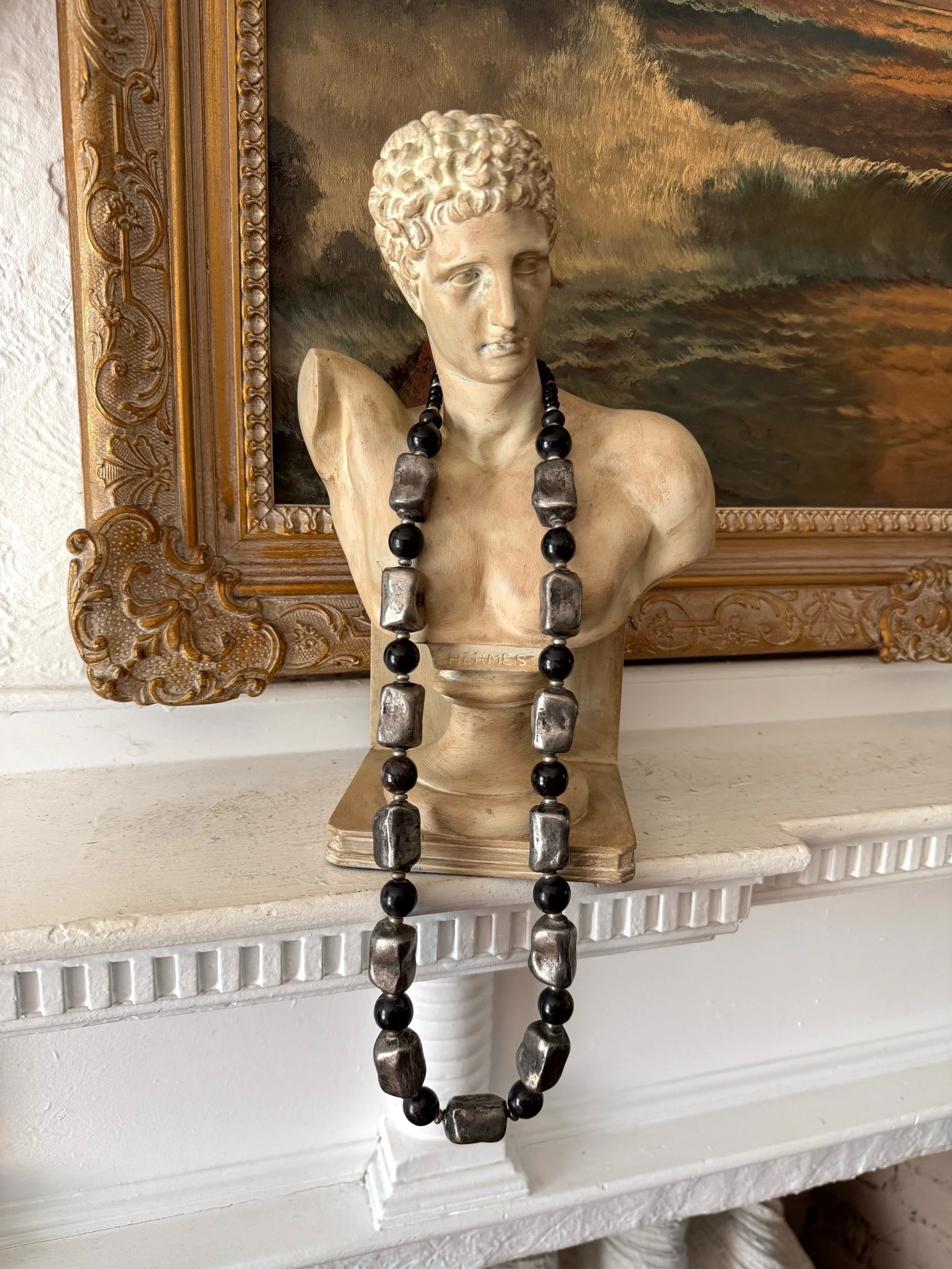 vintage chunky pewter & wood necklace