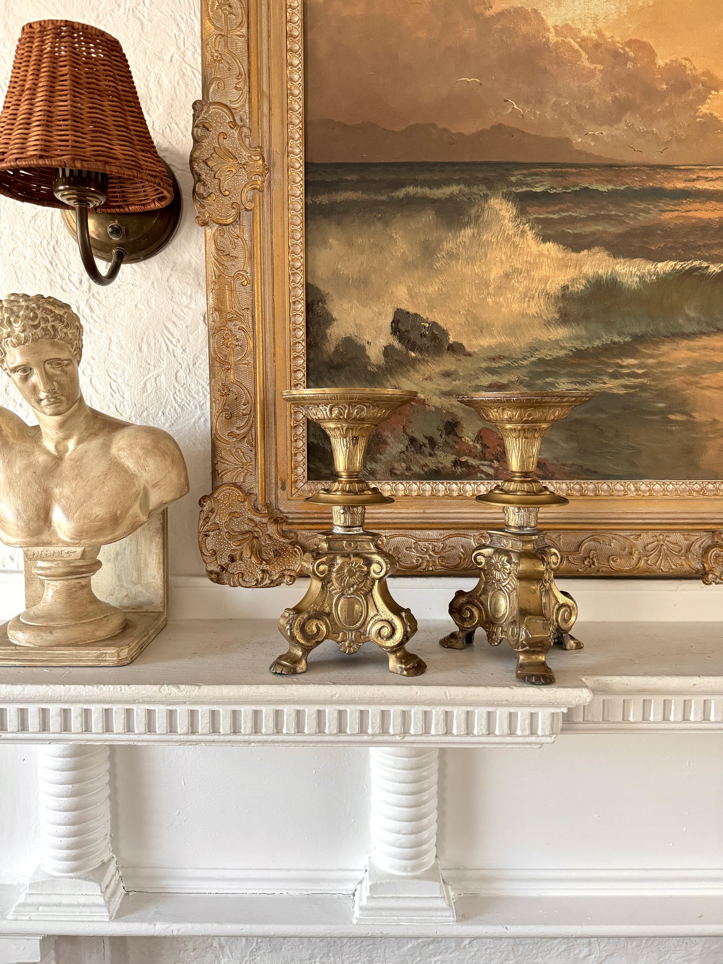 antique brass baroque candle holders, pair