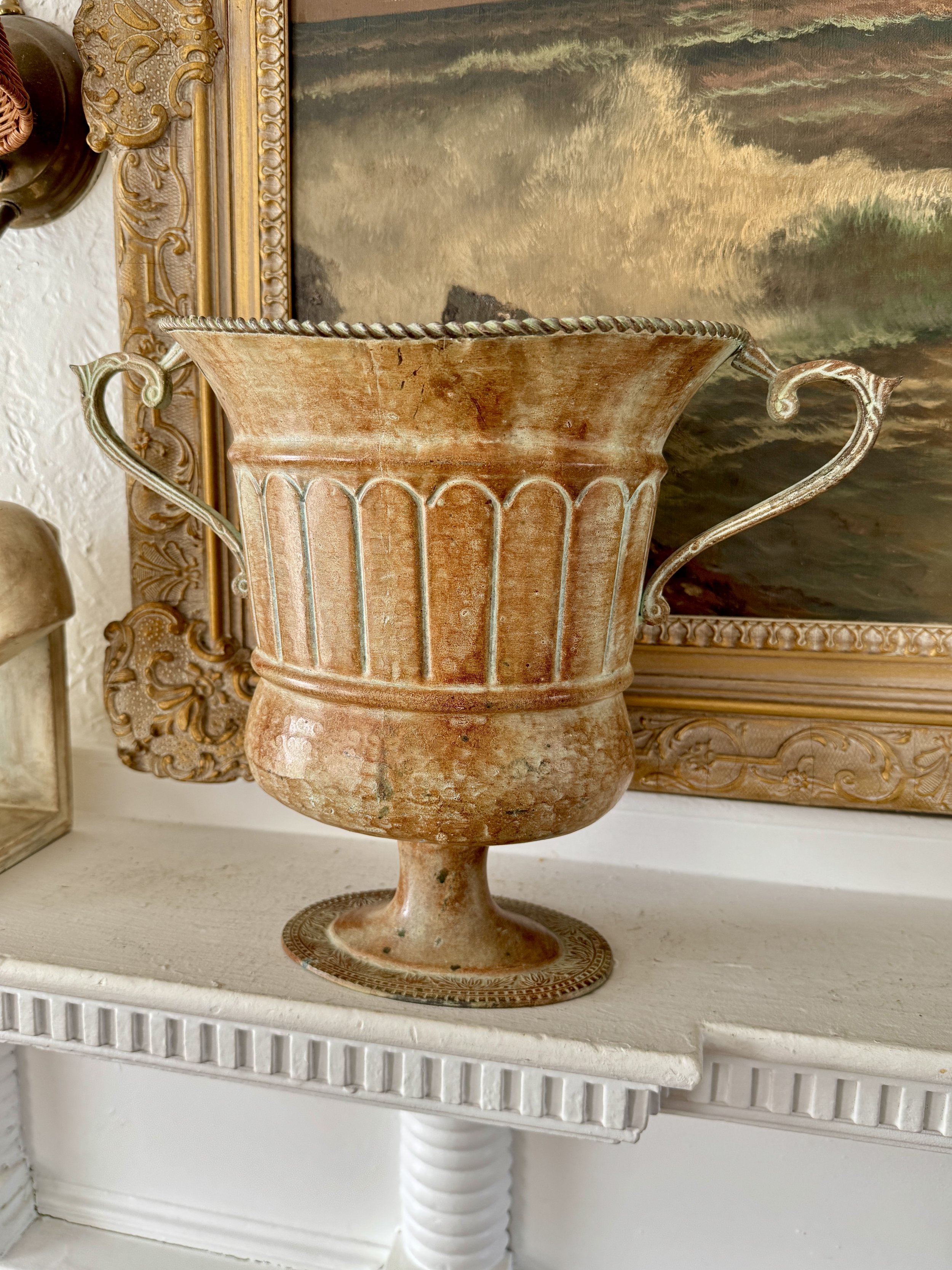 pressed metal double hand urn, vintage