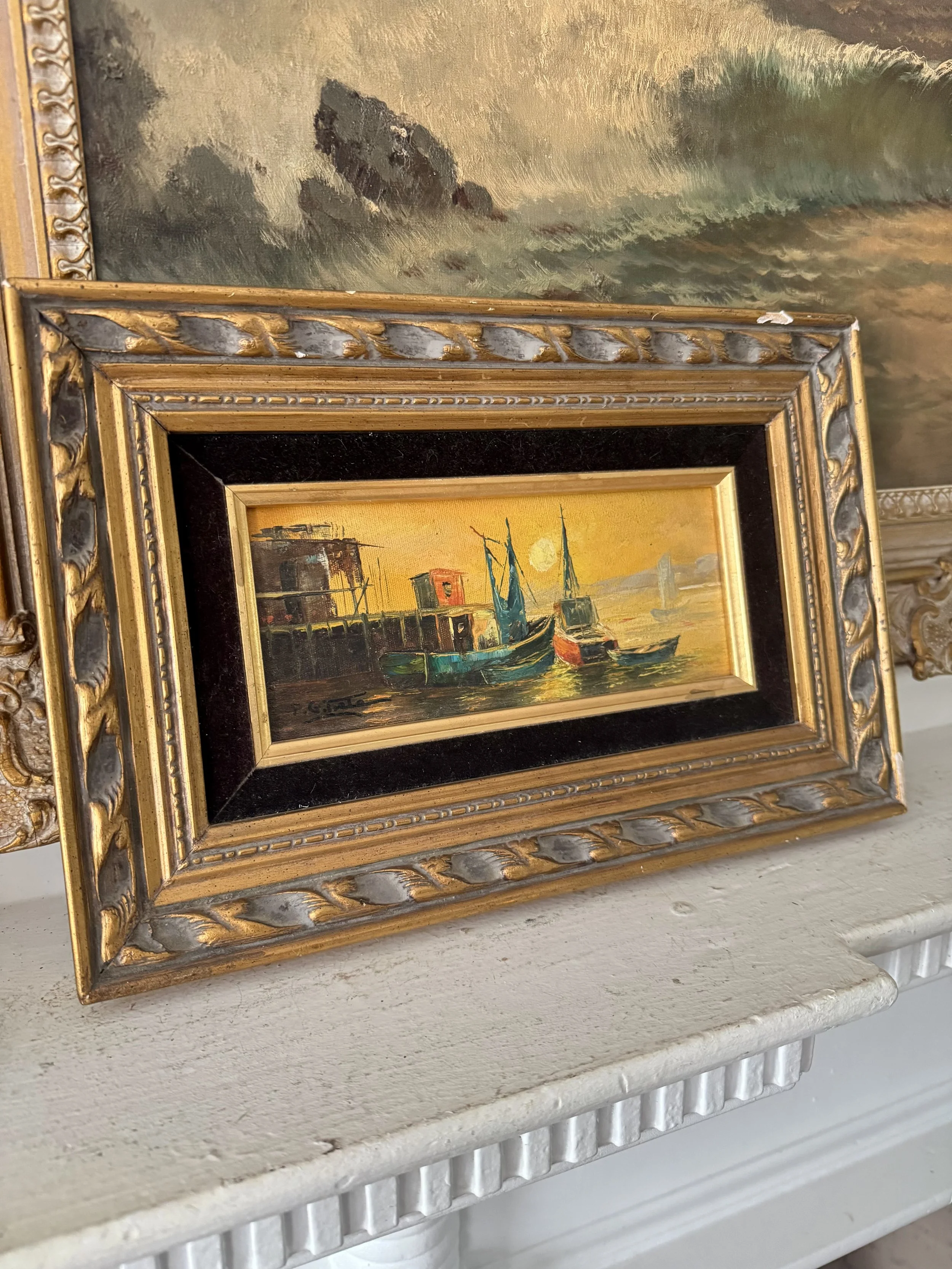 mid-century sunset marina boats painting