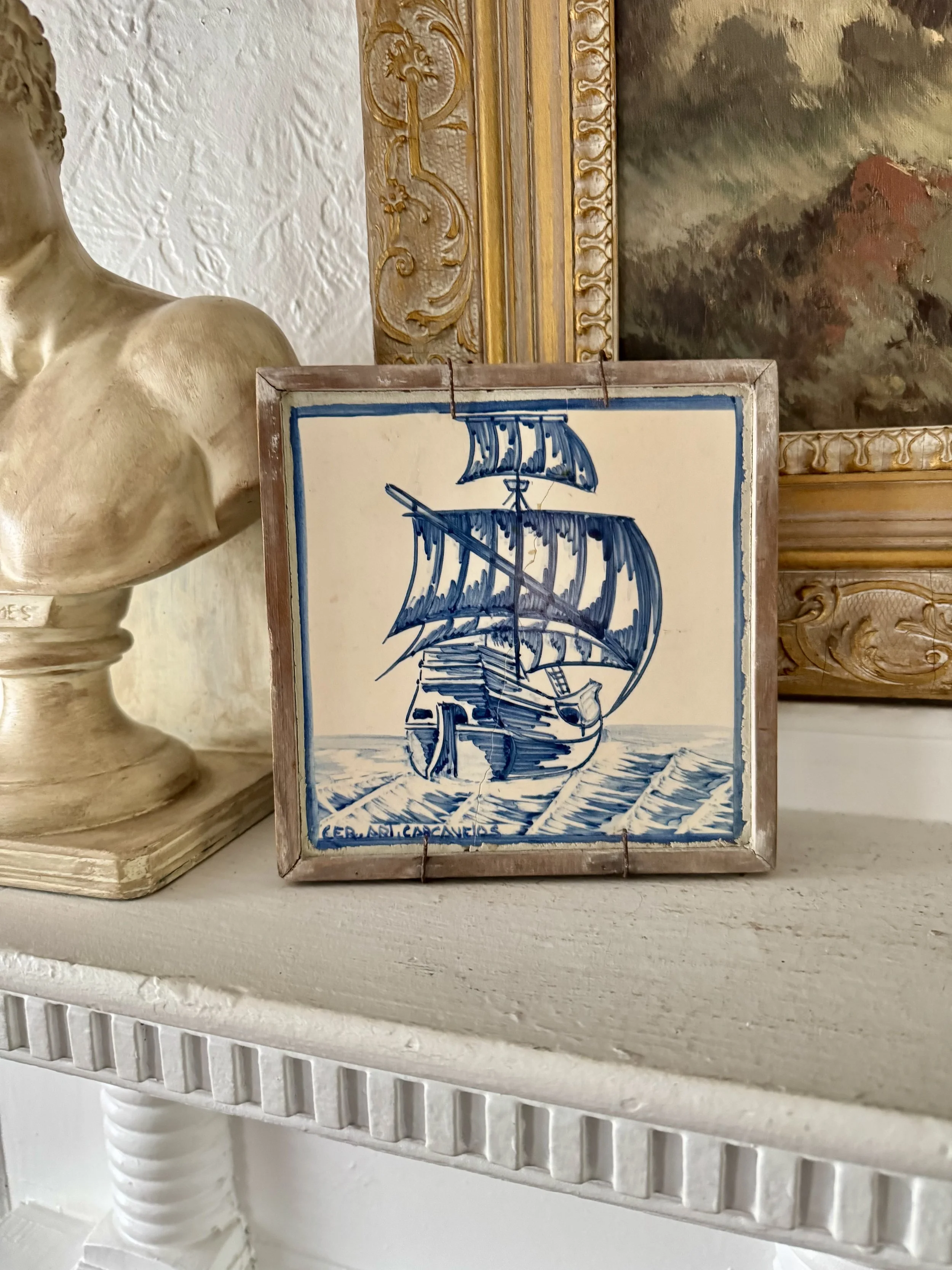 nautical ship tile, vintage (as-found)