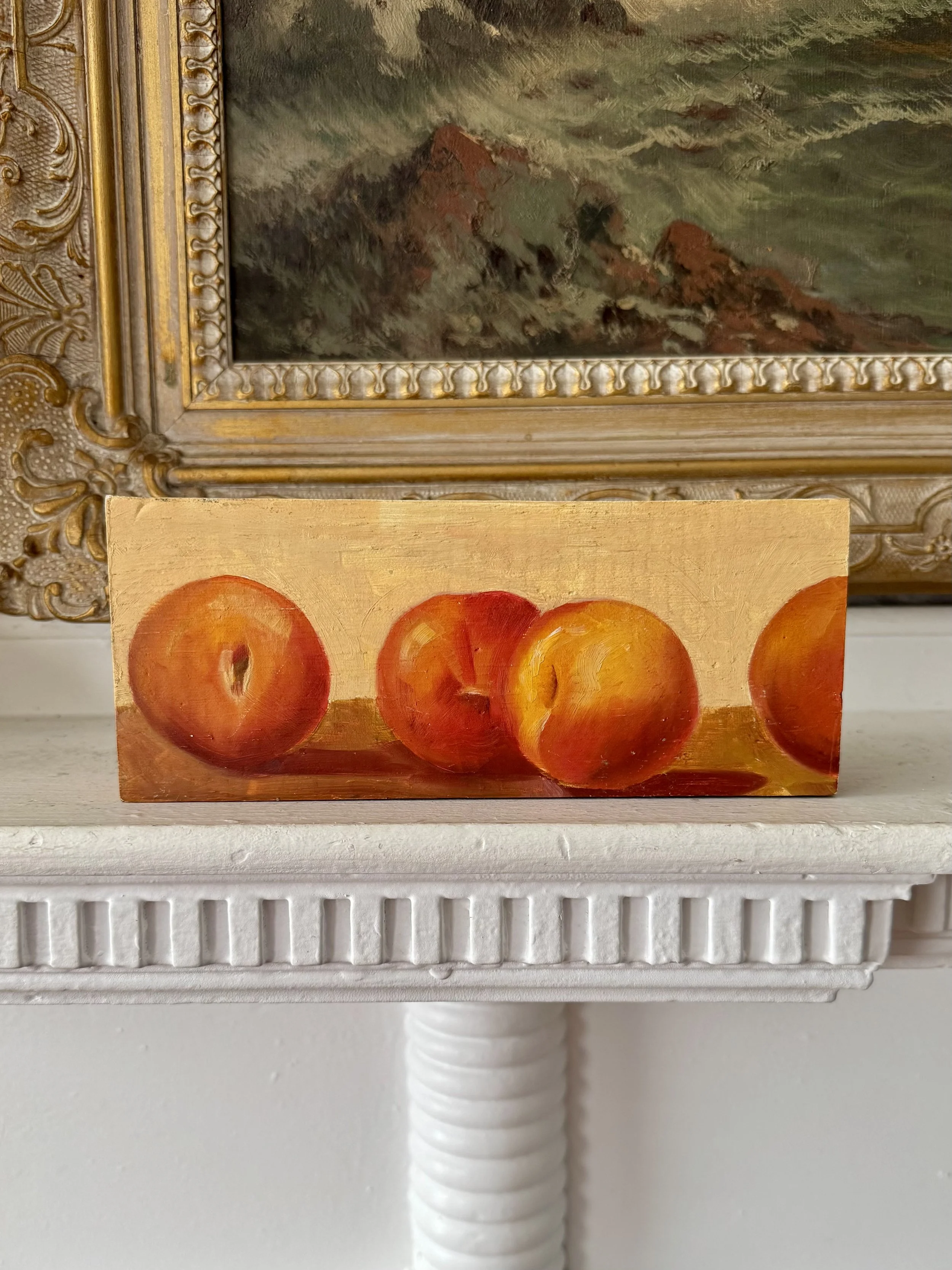peaches oil painting on wood by sue barrasi