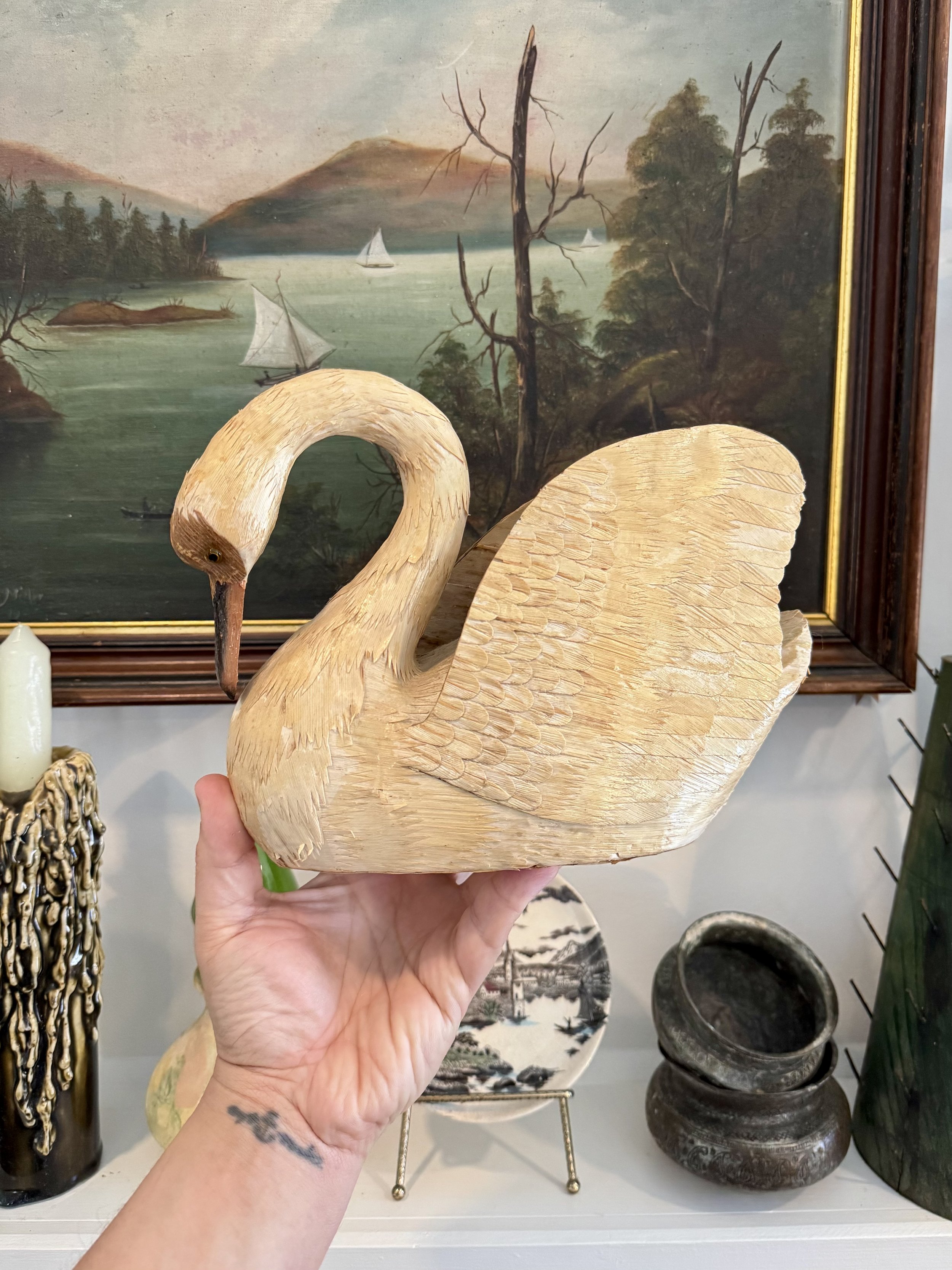 vintage carved corn husk swan