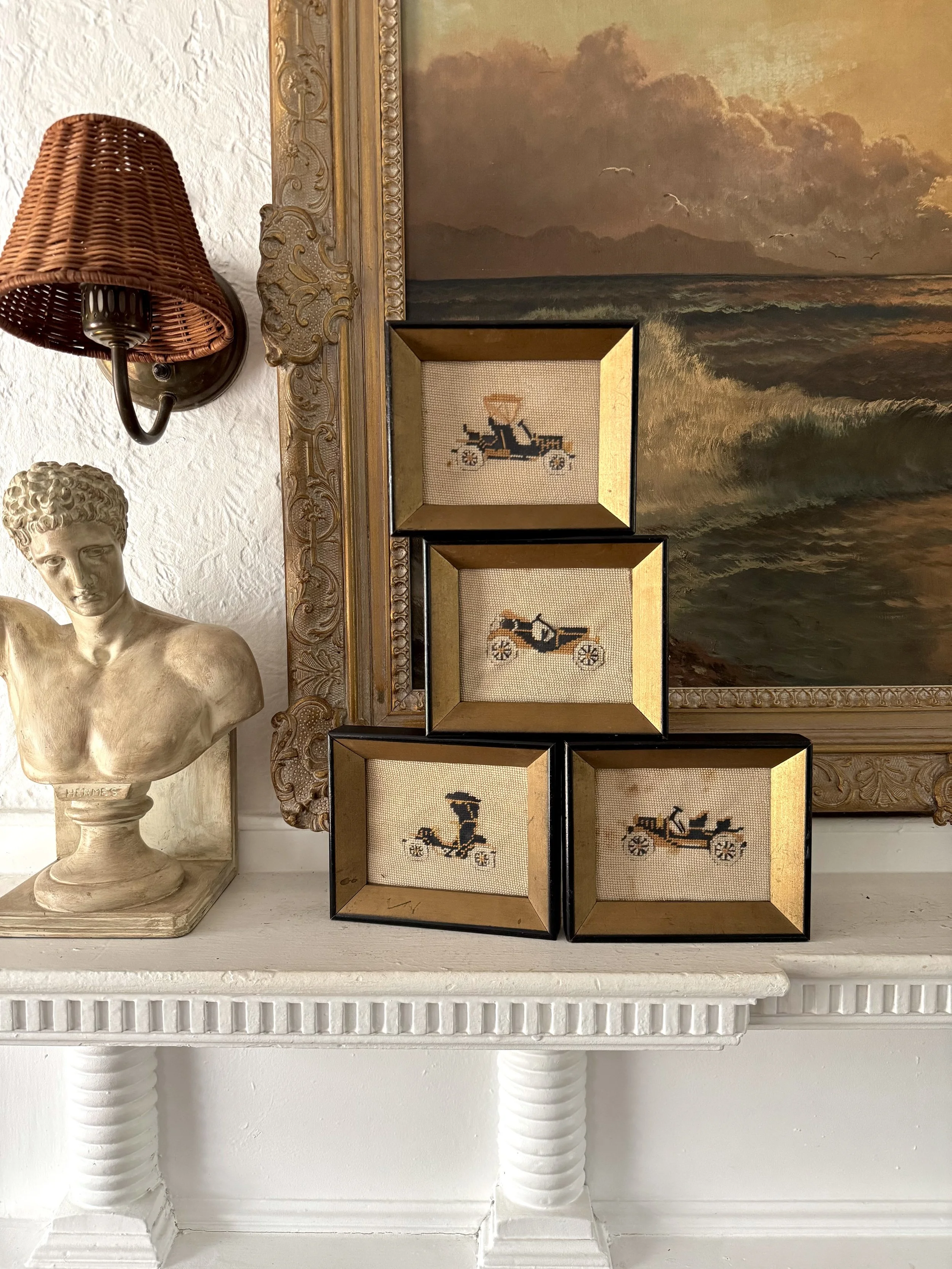 vintage framed needlepoint cars, set of four