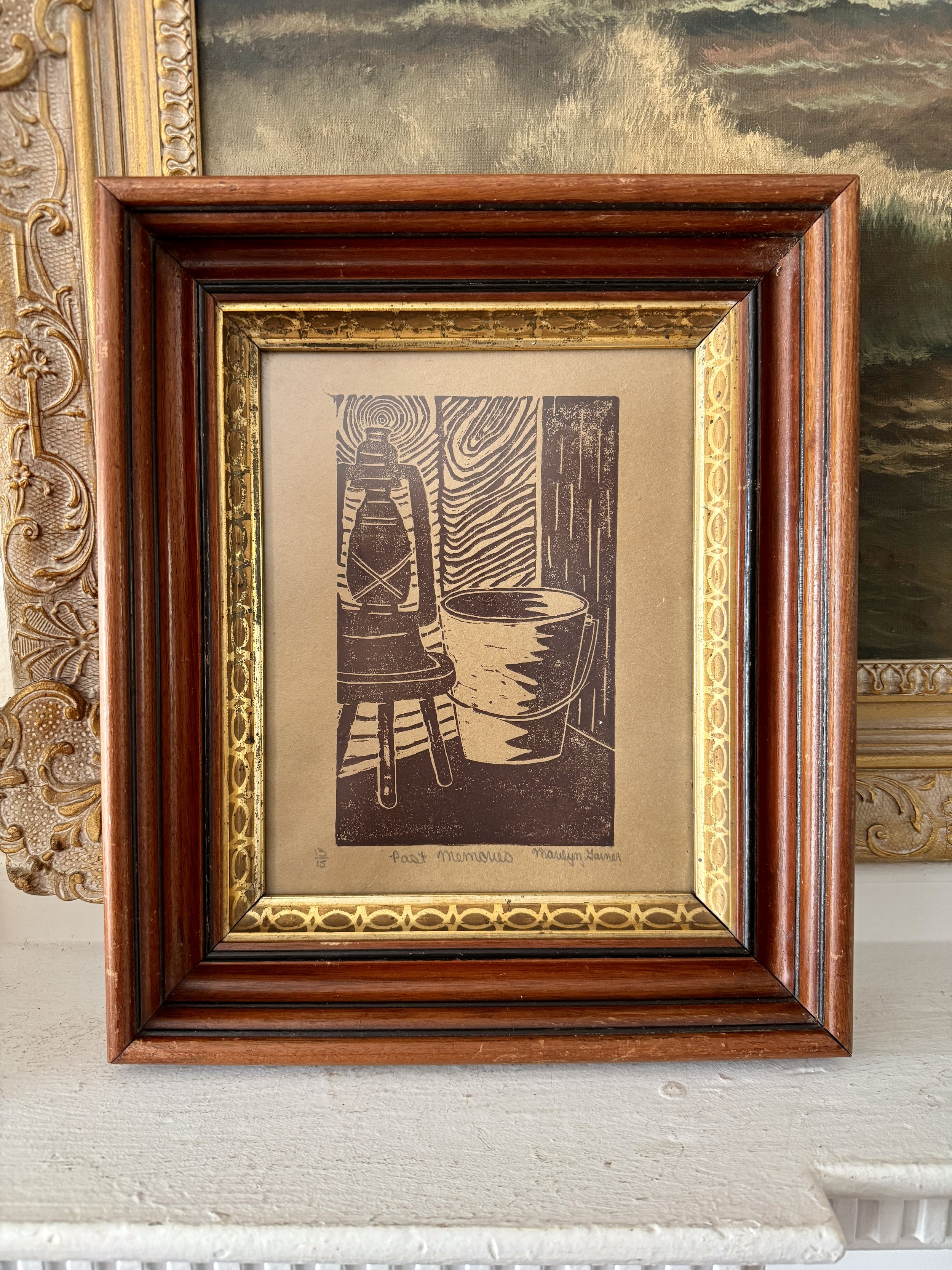 1979 "past memories" linoleum block print by marilyn garner