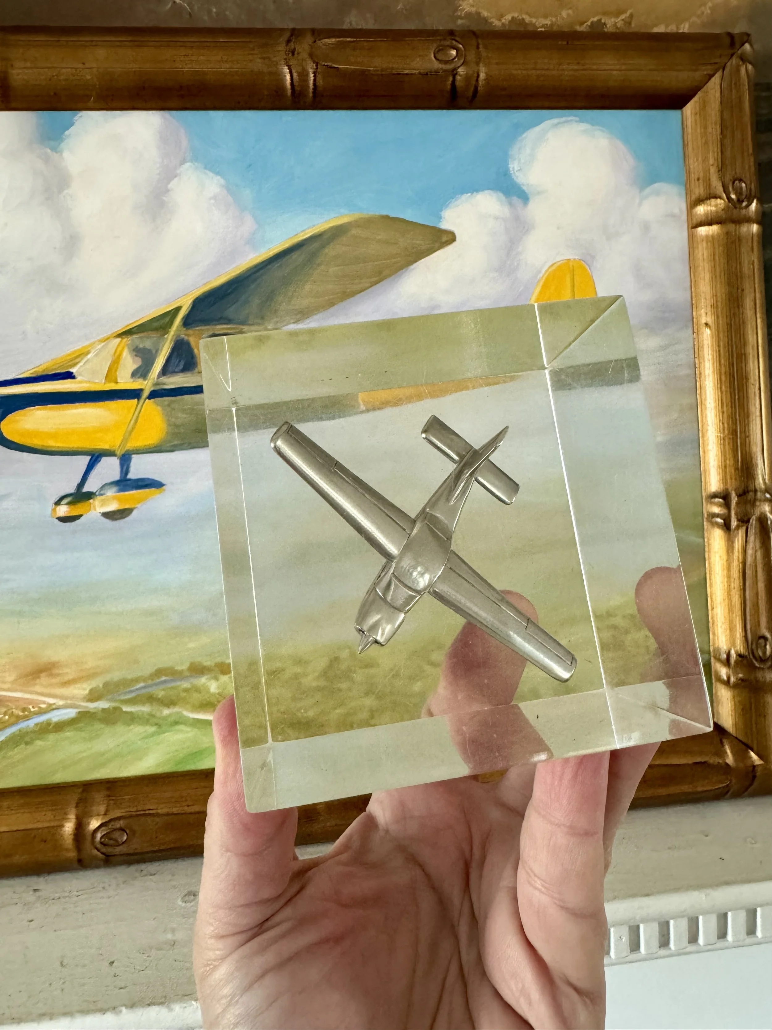 cessna plane paperweight acrylic cube, vintage