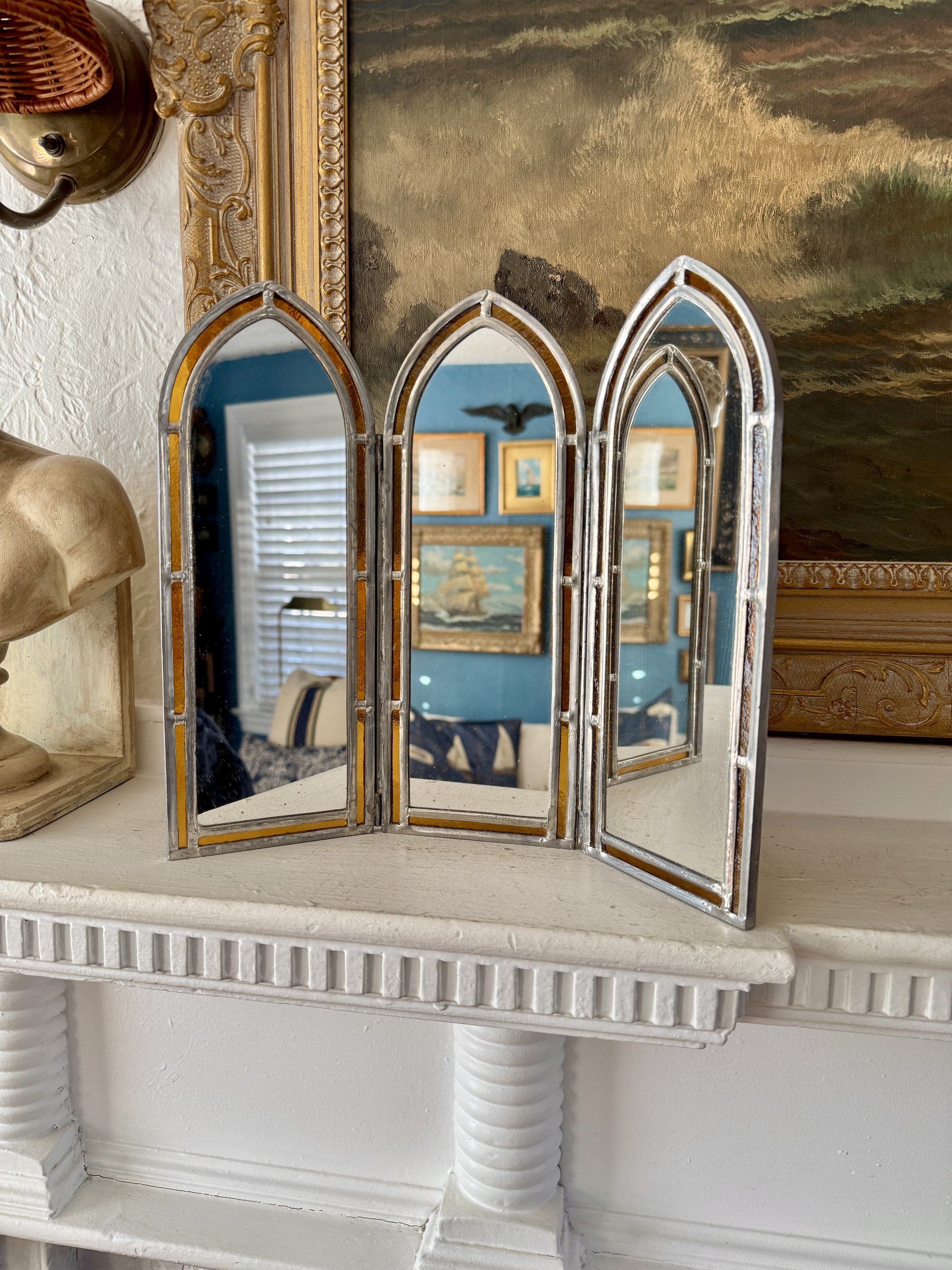 vintage triptych arched mirrors, stained glass border