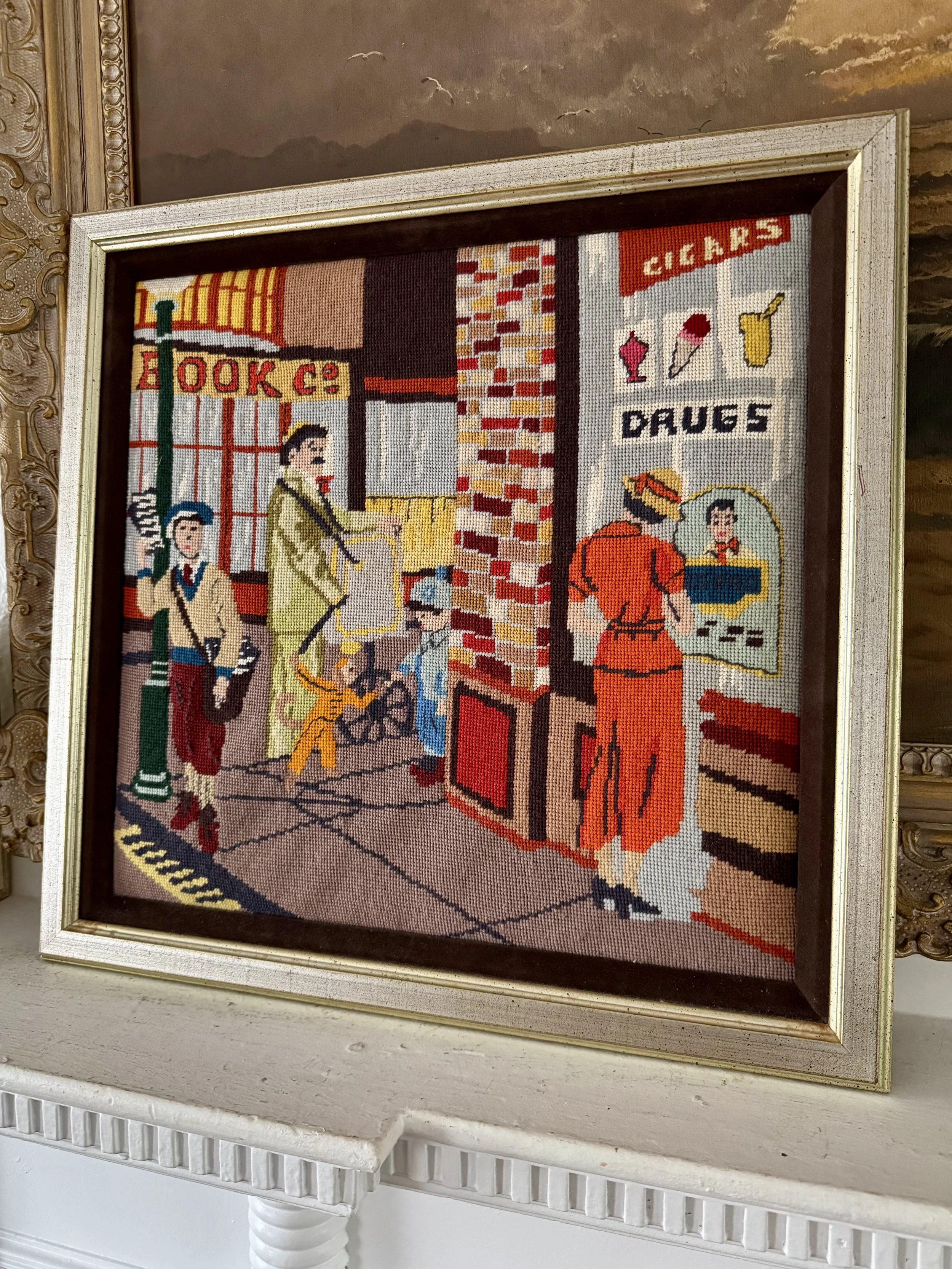 mid-century street corner needlepoint