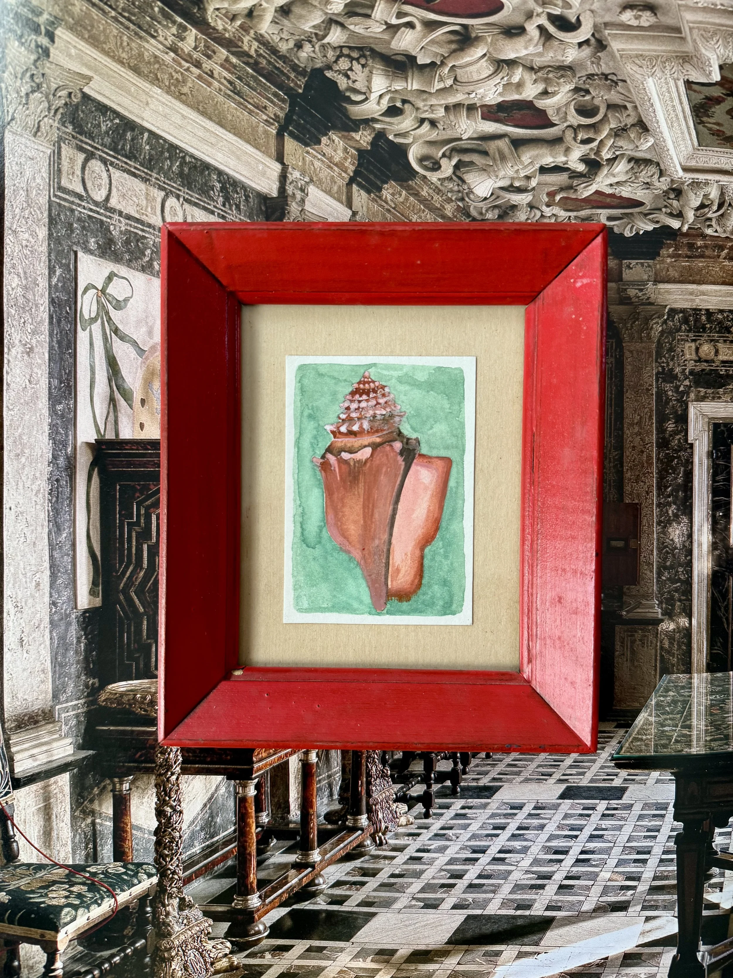small sea shell painting in red frame