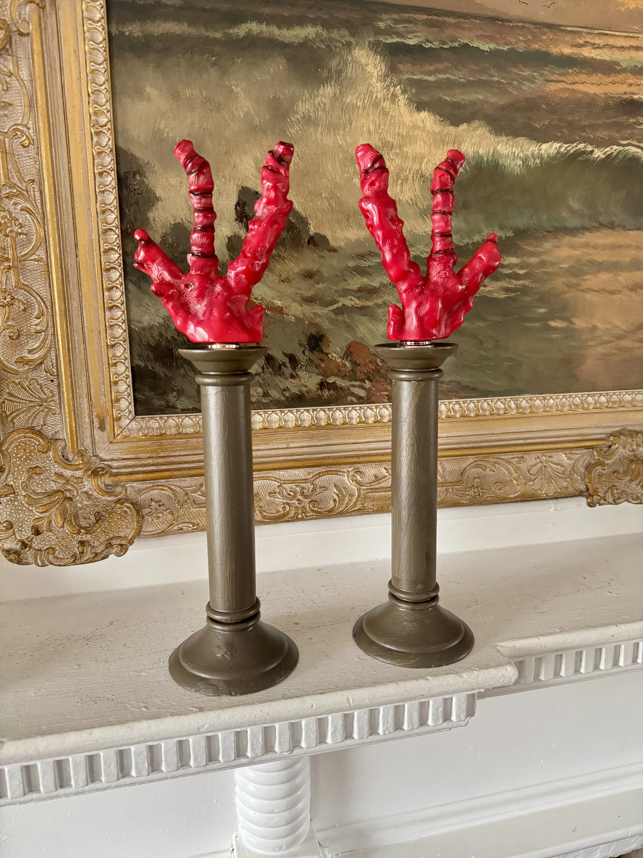 vintage hans turnwald faux red corals on stands, pair